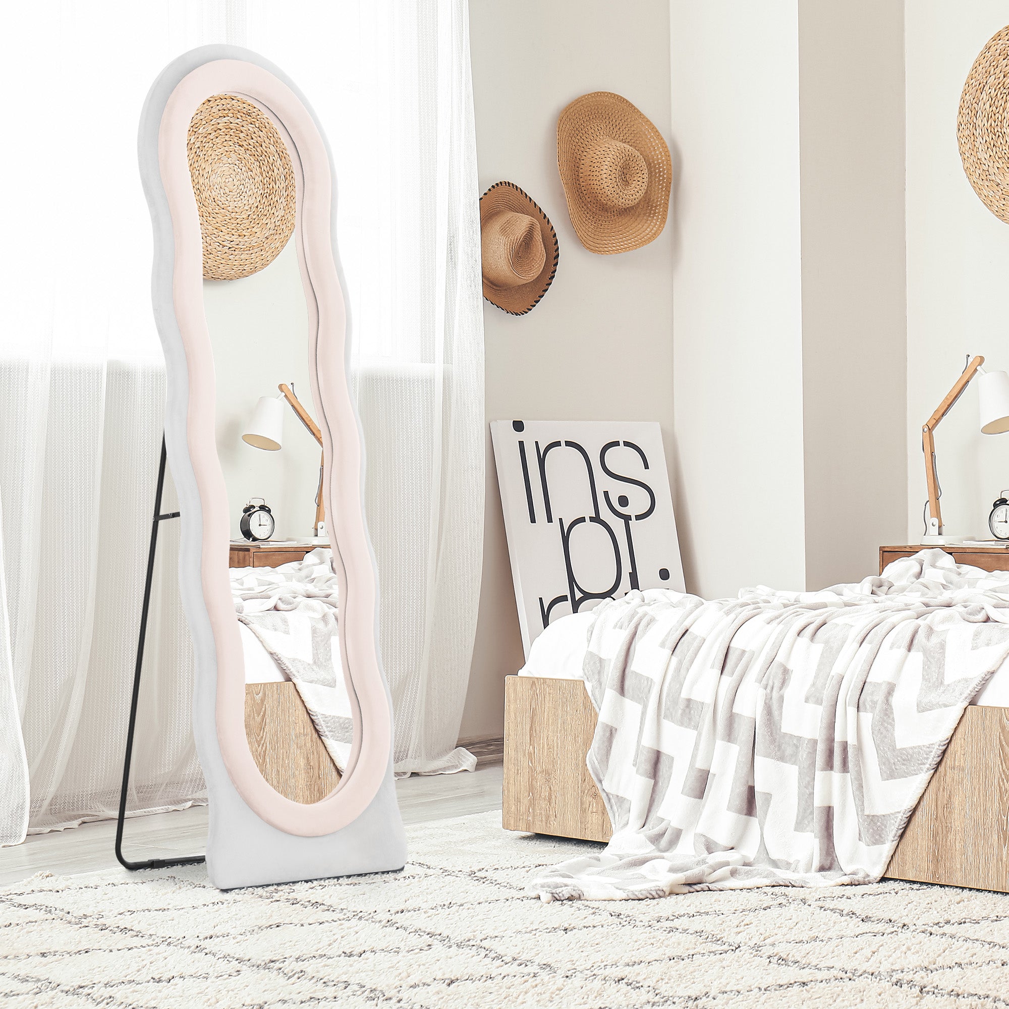 HOMCOM Wavy Velvet-Feel Full Length Mirror - Pink - North Peak Garden Furniture