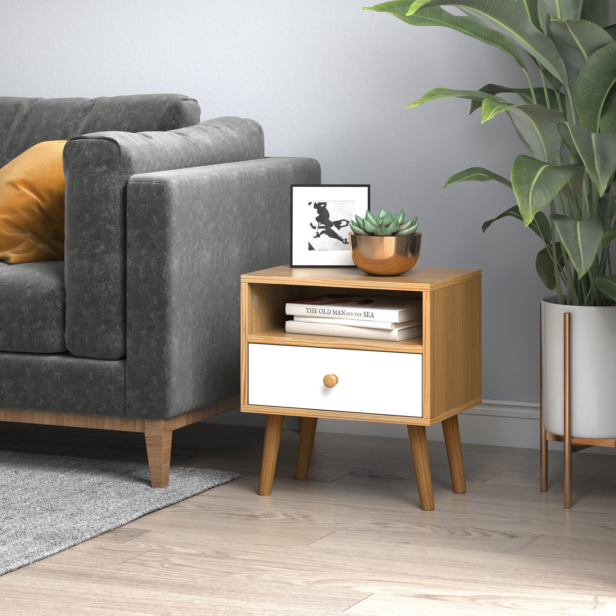 HOMCOM Bedside Table, Bedside Cabinet with Drawer and Shelf, Modern Nightstand, End Table for Living Room, Bedroom, Natural - North Peak Garden Furniture