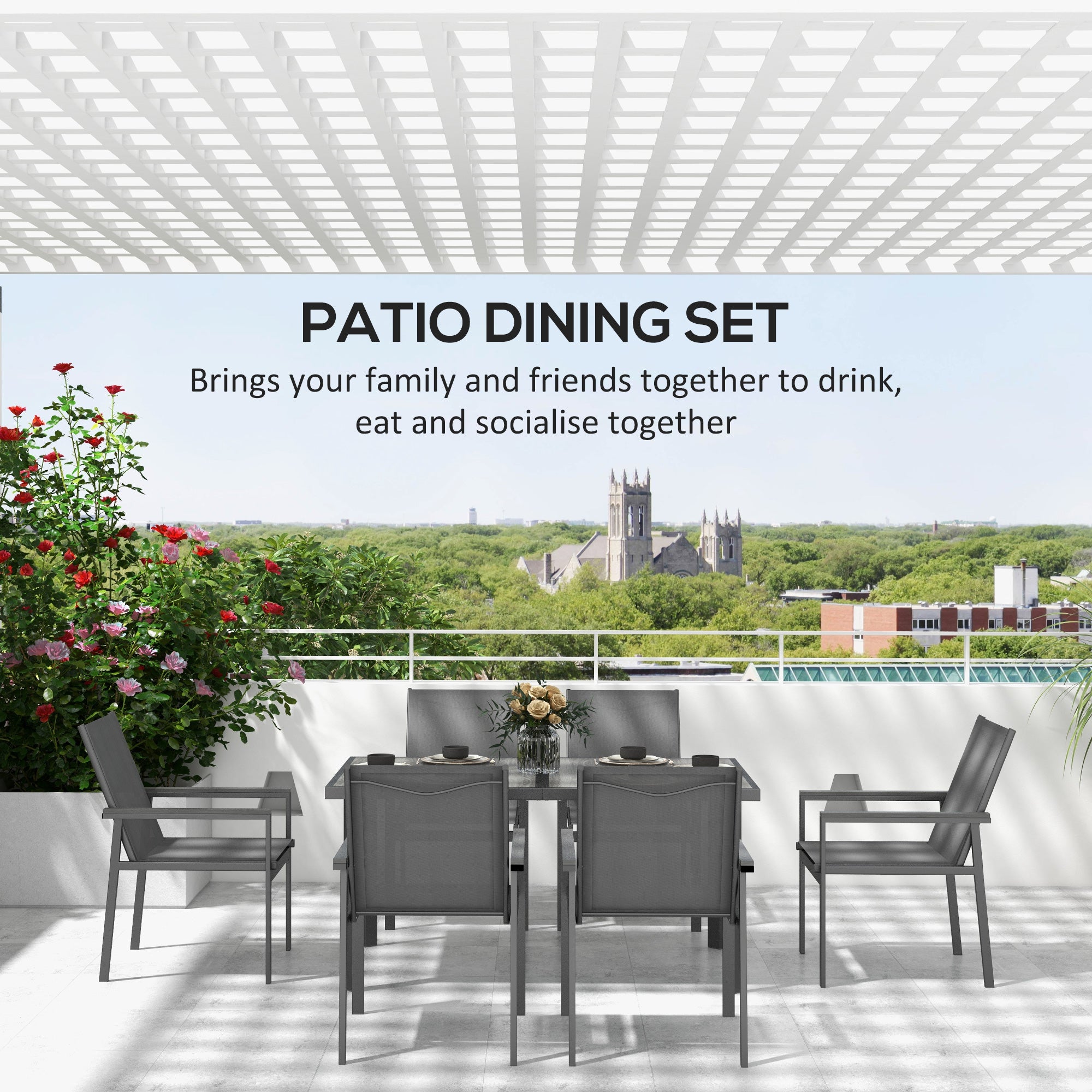 Outsunny Seven-Piece Metal Dining Set, with Glass-Top Table - Grey - North Peak Garden Furniture