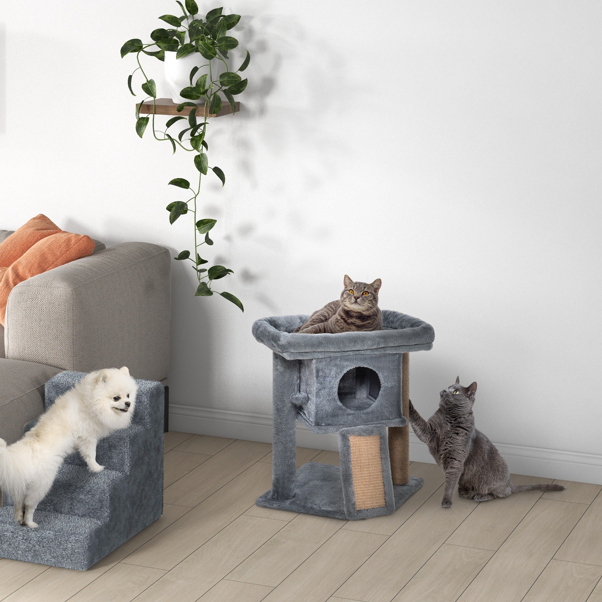 PawHut Cat Tree Tower for Indoor Cats Cat Scratching Post Climbing Activity Centre w/Jute Scratching Pad, Toy Ball, Cat House - Grey - North Peak Garden Furniture