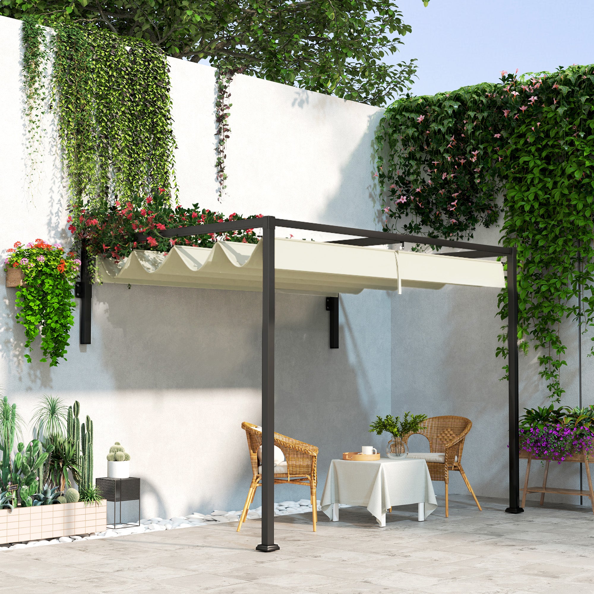 Outsunny 2 x 3(m) Lean To Steel Pergola, with Moving Fabric Canopy - Khaki - North Peak Garden Furniture