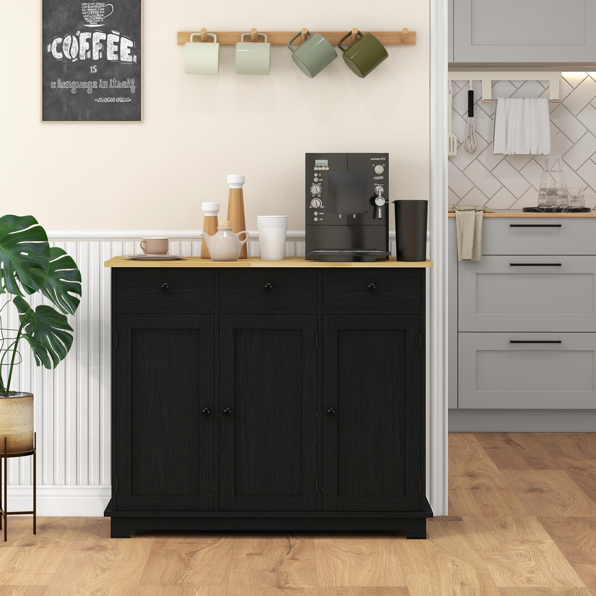 HOMCOM Sideboard with Rubberwood Top and Adjustable Shelves for Dining Room, Kitchen - Black Wood-Effect - North Peak Garden Furniture