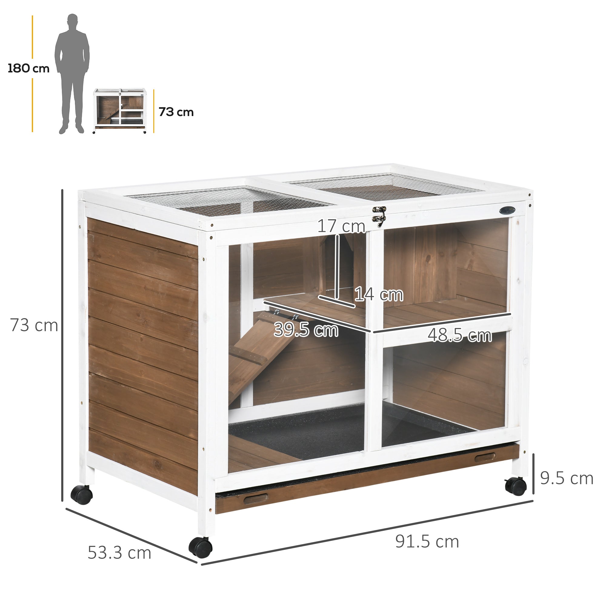 PawHut Wooden Rabbit Hutch, Bunny Cage w/ Tray, Ramp, Openable Roof, Wheels, 91.5 x 53.3 x 73cm - Brown - North Peak Garden Furniture