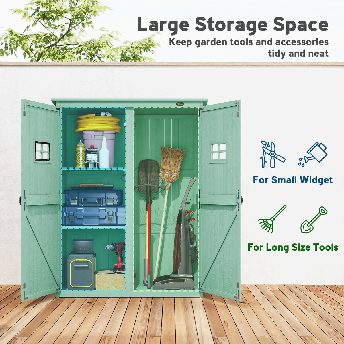 Outsunny Wooden Garden Shed with Two Windows, Tool Storage Cabinet, Outdoor Double Door organiser 127.5W x 50D x 164H cm, Green