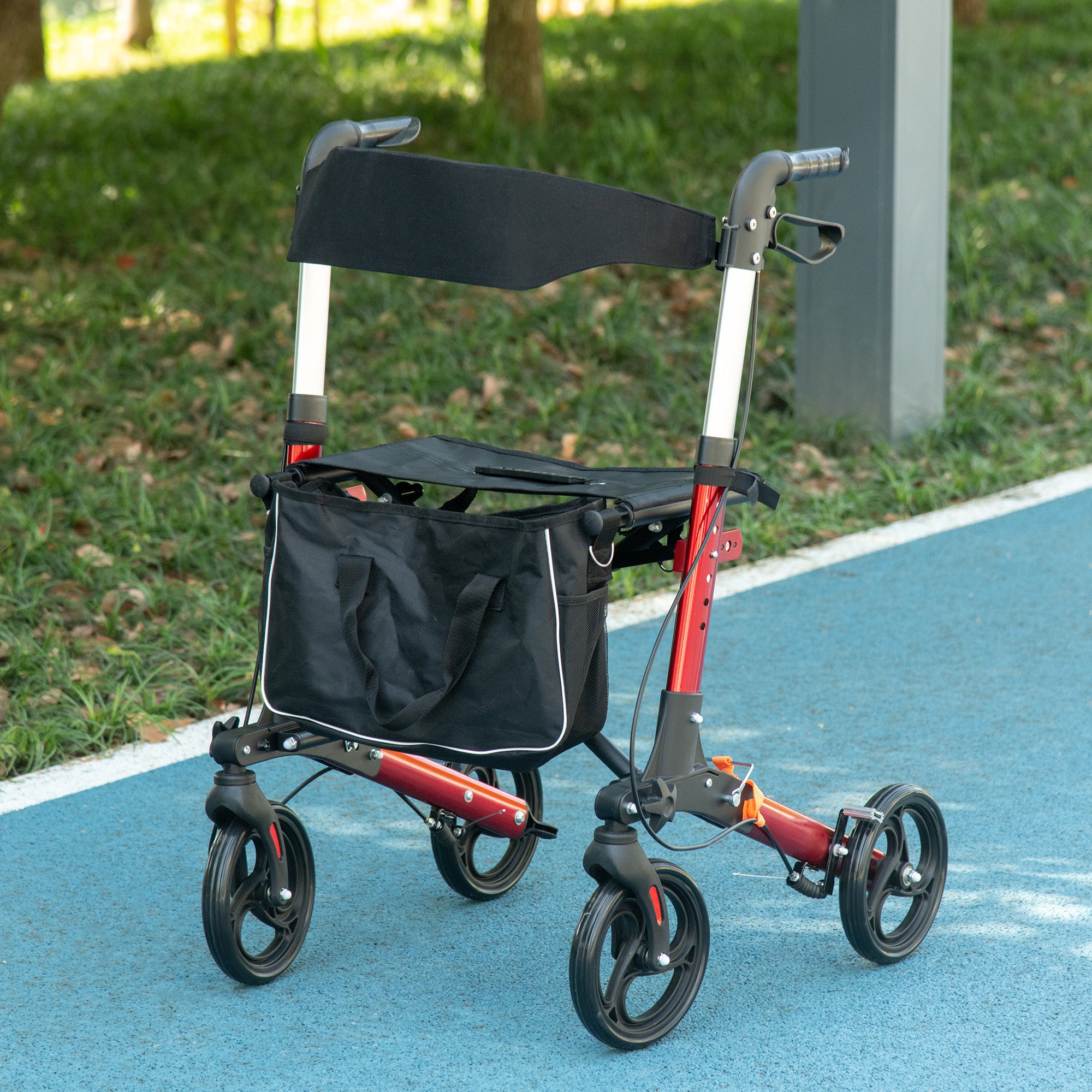 HOMCOM Folding Rollator Walker with Seat and Backrest, Lightweight Walking Frame with Detachable Storage Bag, Dual Brakes, Adjustable Handle Height, 4 Wheeled Walker for Seniors, Handicapped, Red - North Peak Garden Furniture
