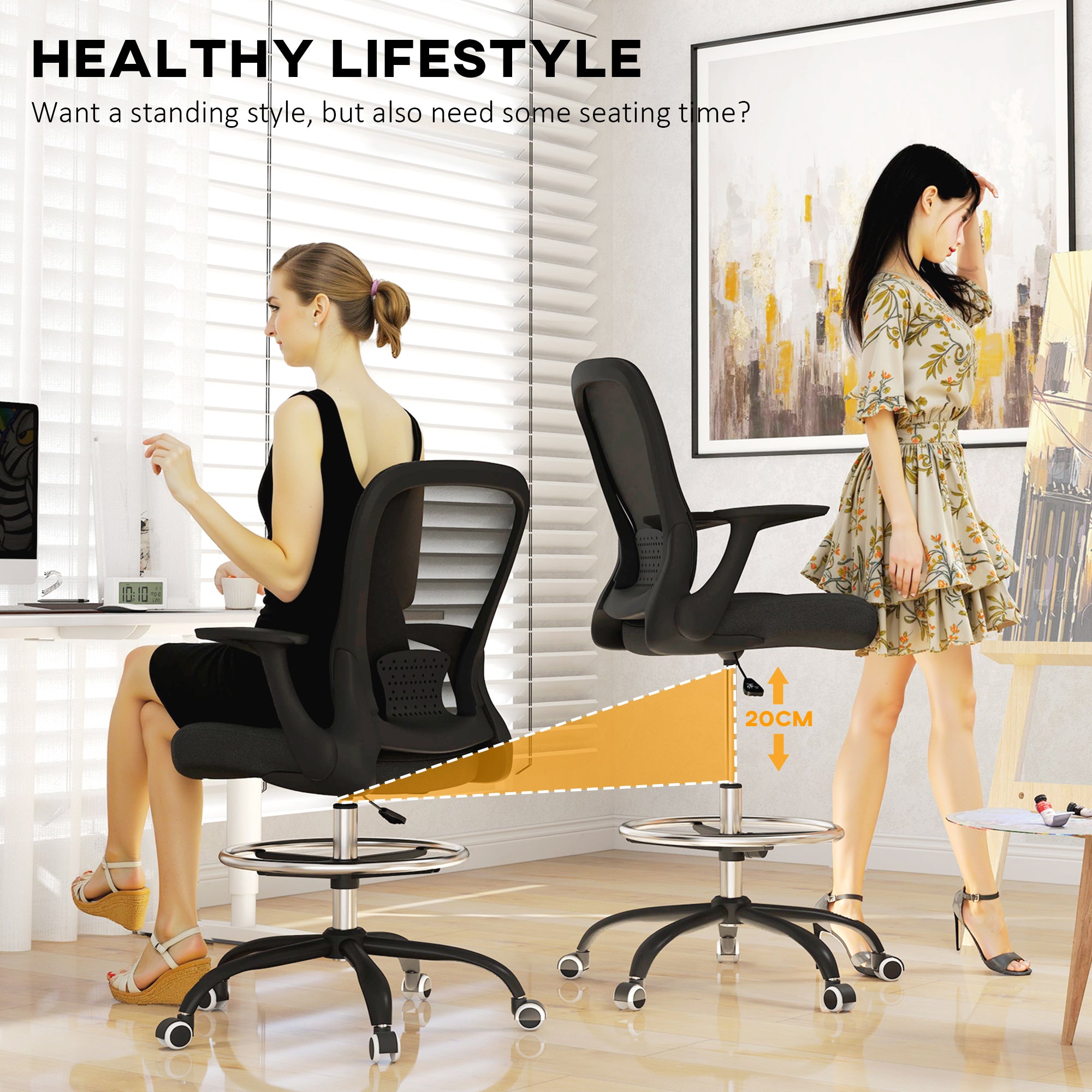 HOMCOM Draughtsman Chair, Mesh Drafting Chair, Ergonomic Office Chair with Flip-up Armrest, Adjustable Foot Ring, Black - North Peak Garden Furniture