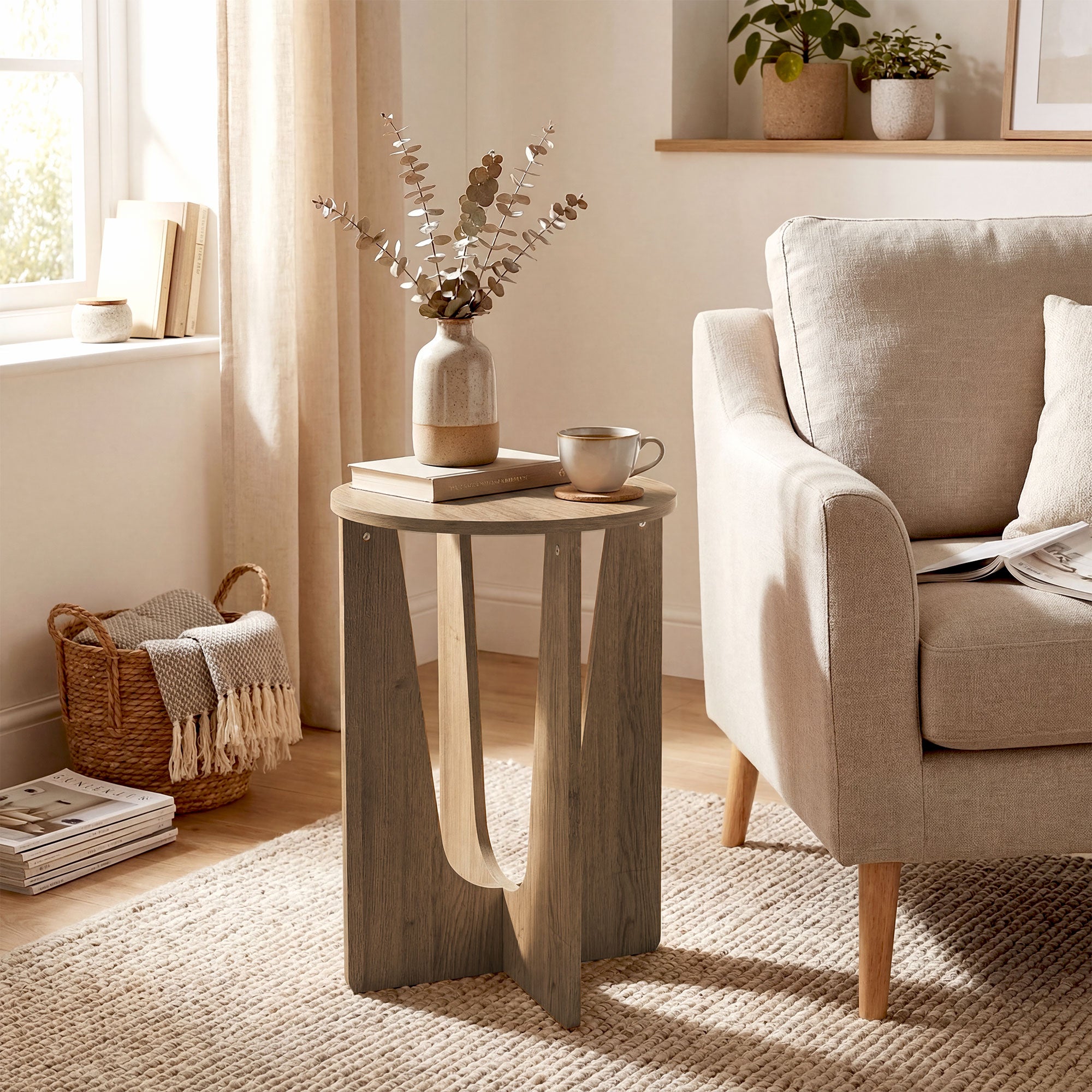 HOMCOM End Table Compact Round Side Table with Curved Legs in Coffee Wood Effect