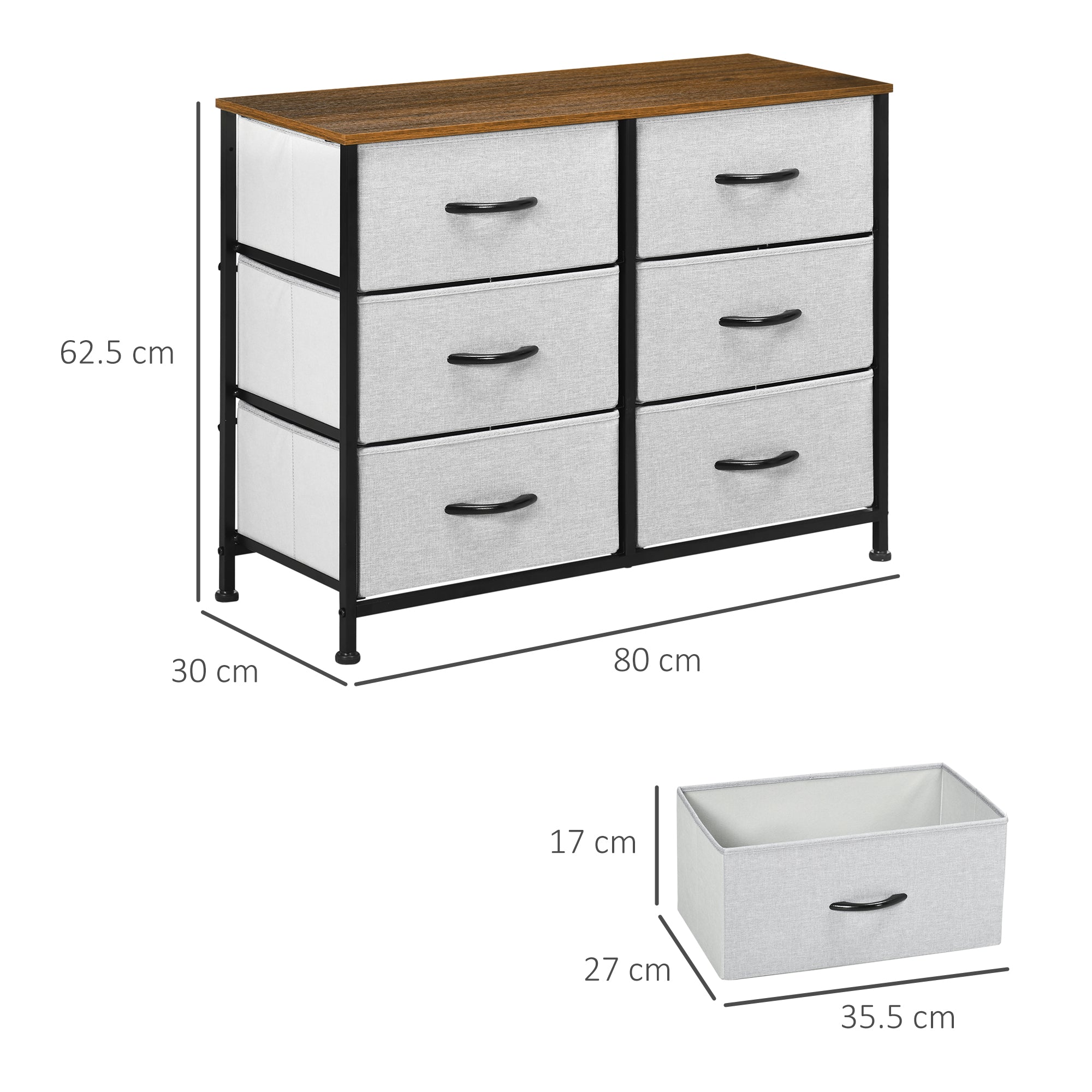 HOMCOM Fabric Chest of Drawers, Storage Drawers, Industrial Bedroom Dresser with 6 Fabric Drawers, Steel Frame and Wooden Top for Nursery, Living Room, Hallway, Grey - North Peak Garden Furniture