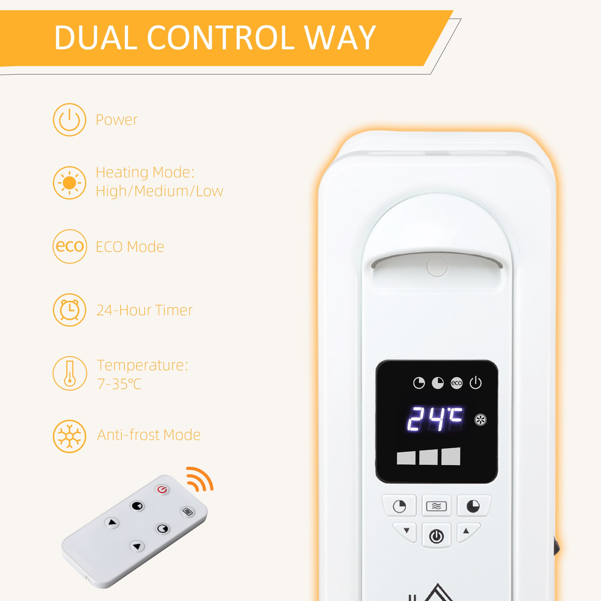 HOMCOM 2000W Digital Oil Filled Radiator, 9 Fin, Portable Electric Heater with LED Display, Timer, 3 Heat Settings, Safety Cut-Off and Remote Control, White - North Peak Garden Furniture