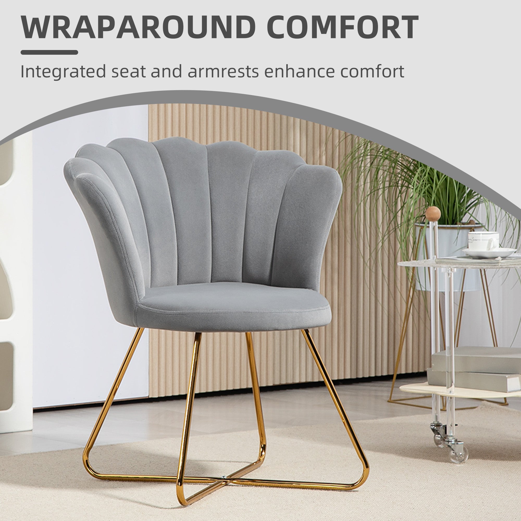 HOMCOM Velvet-Feel Lotus Petal Accent Chair - Grey - North Peak Garden Furniture