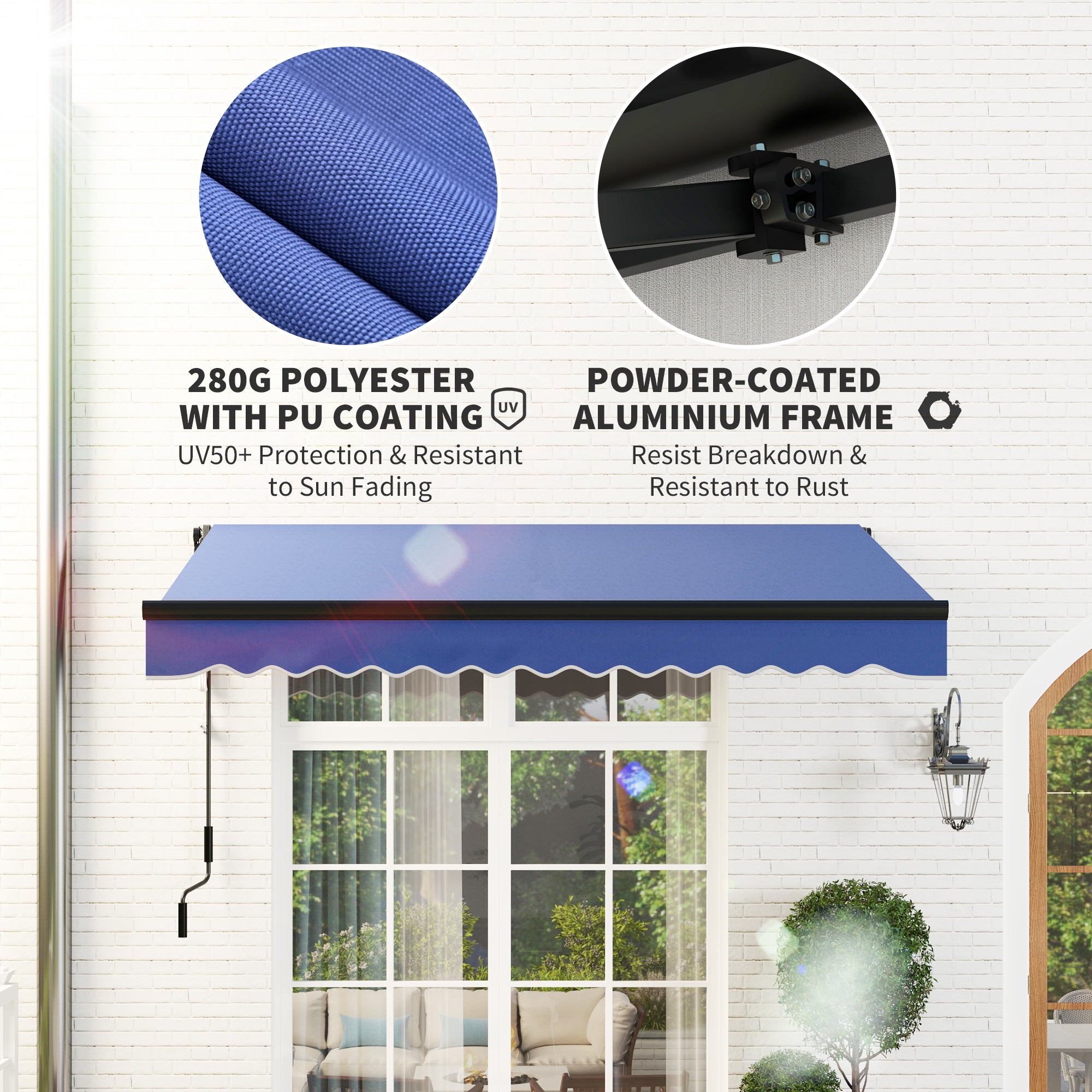 Outsunny 3 x 2.5m Electric Awning with LED Light and Remote Controller, Aluminium Frame DIY Retractable Awning, UV50+ Sun Shade Canopy for Garden Patio Deck Door Window, Blue - North Peak Garden Furniture