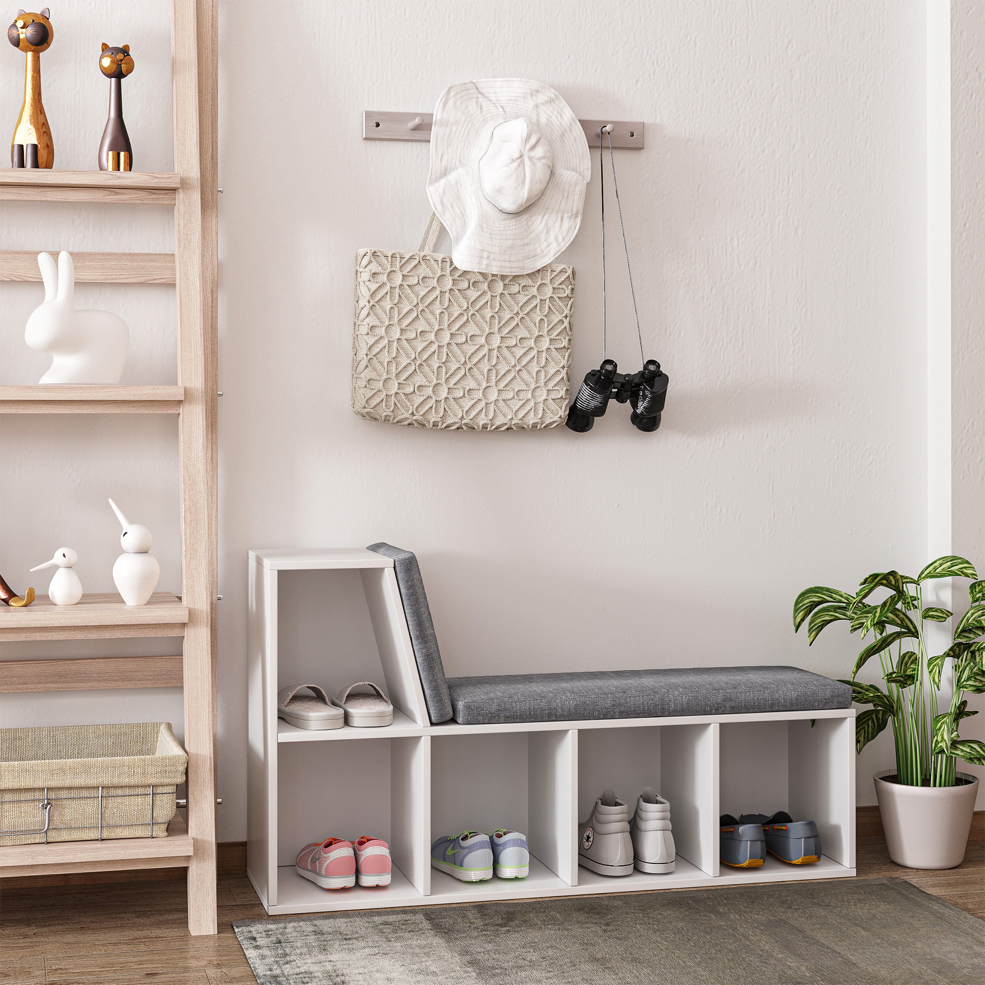 HOMCOM Bookcase Storage Shelf with Cushioned Reading Seat, Bookshelf Storage Cabinet for Study Living Room, White - North Peak Garden Furniture