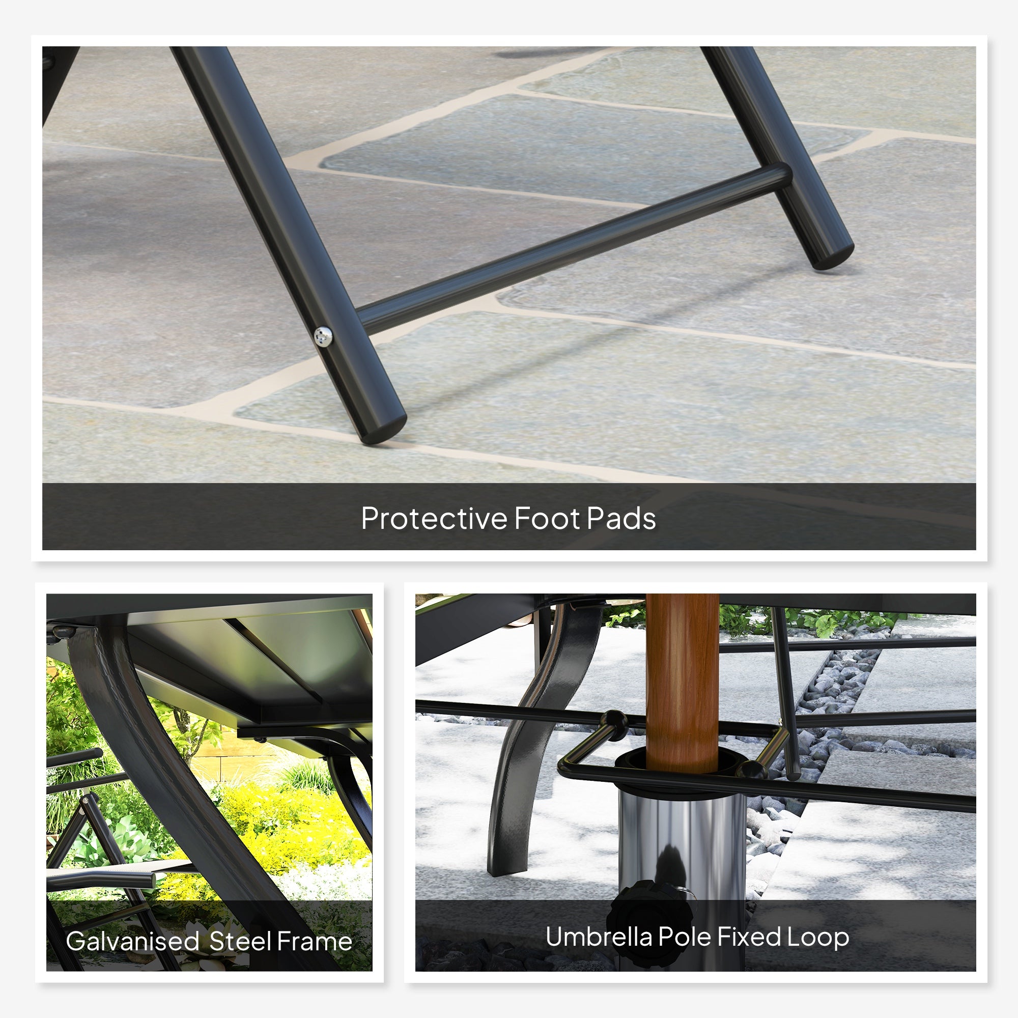 Outsunny Seven-Piece Steel Outdoor Dining Set, with Parasol Hole - Grey - North Peak Garden Furniture