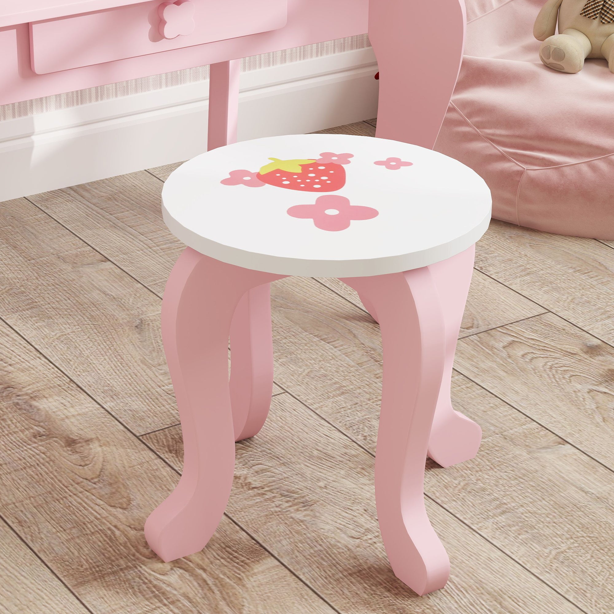 AIYAPLAY Kids Dressing Table Set, Vanity Table with Stool, Mirror, Drawer, Desktop Storage, Strawberry Theme, Pink - North Peak Garden Furniture
