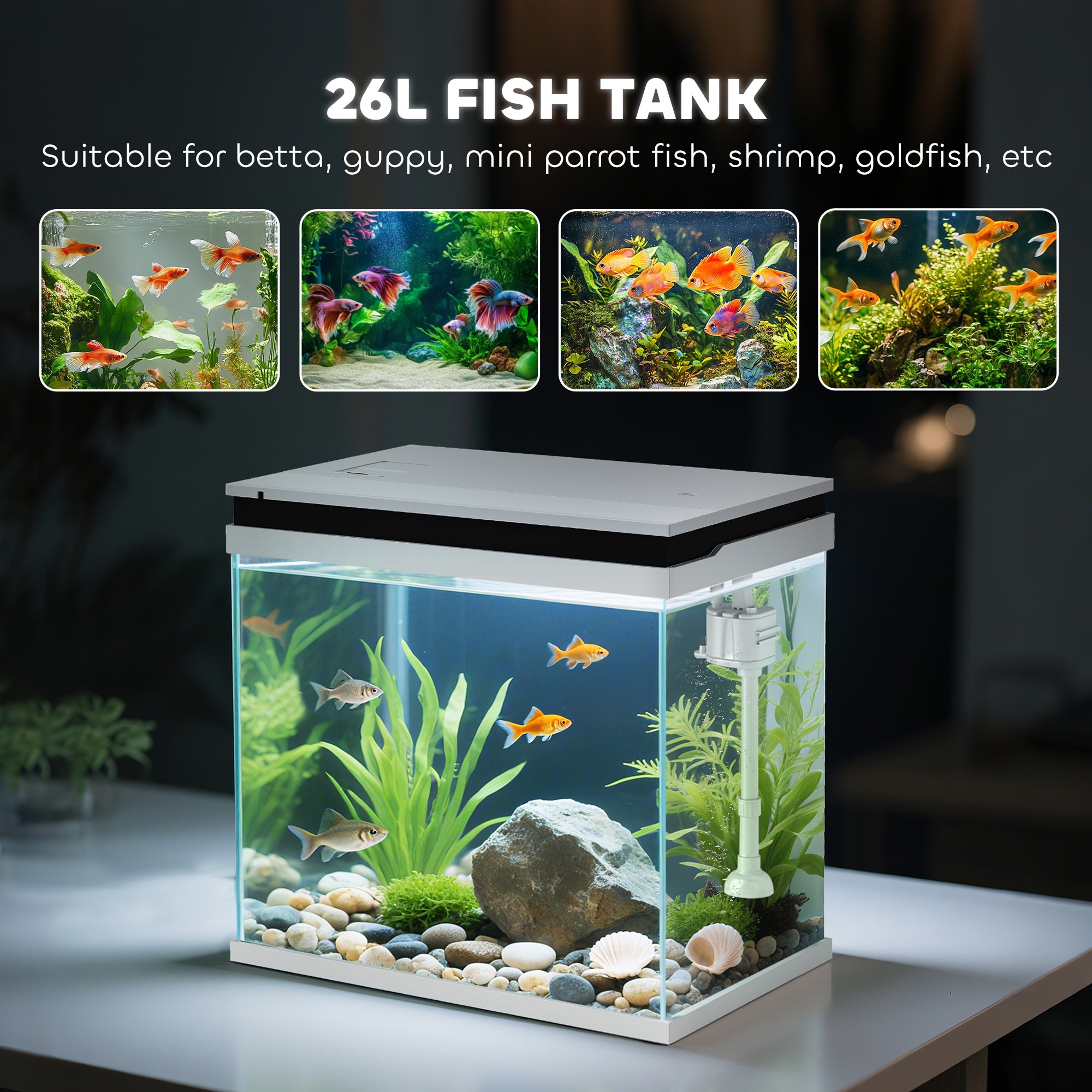 PawHut 26L Glass Fish Tank with Filter System, LED Lights, Water Pump, White - North Peak Garden Furniture