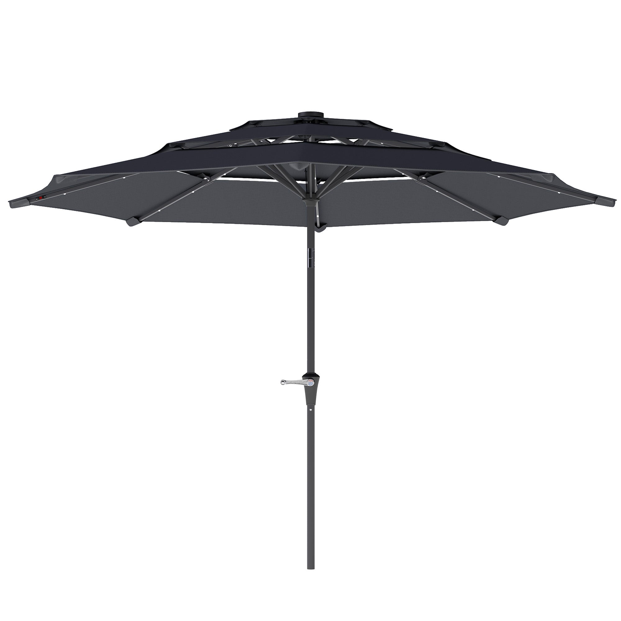Outsunny 3-Tier Garden Parasol with Solar LED Lights, UPF 30+, Tilt Mechanism & Crank Handle, for Market Terrace, Dark Grey - North Peak Garden Furniture