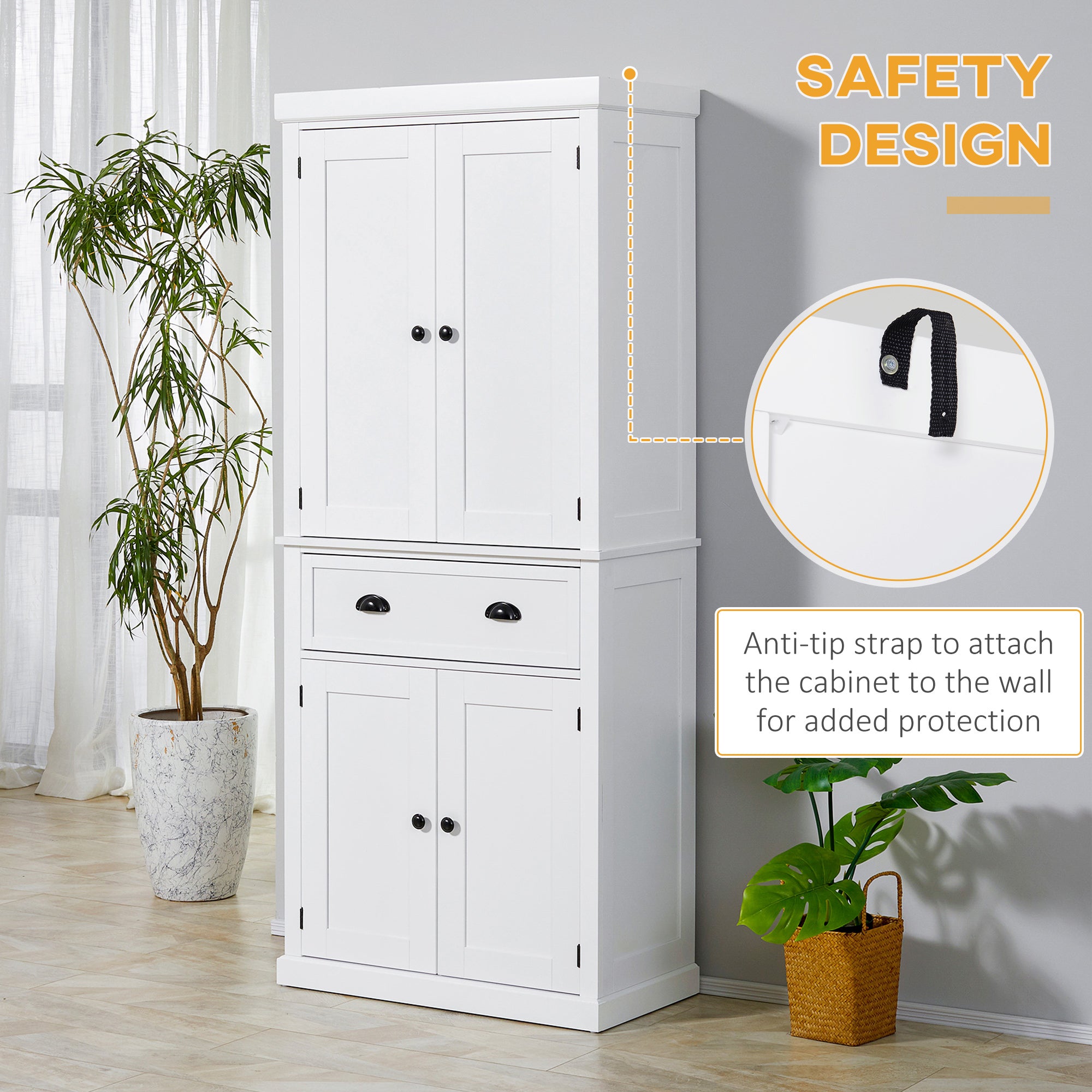 HOMCOM Freestanding Kitchen Cupboard, 184cm Tall Storage Cabinet with Doors and Shelves, Traditional Colonial 4-Door Kitchen Pantry Cupboard with Drawer, White - North Peak Garden Furniture