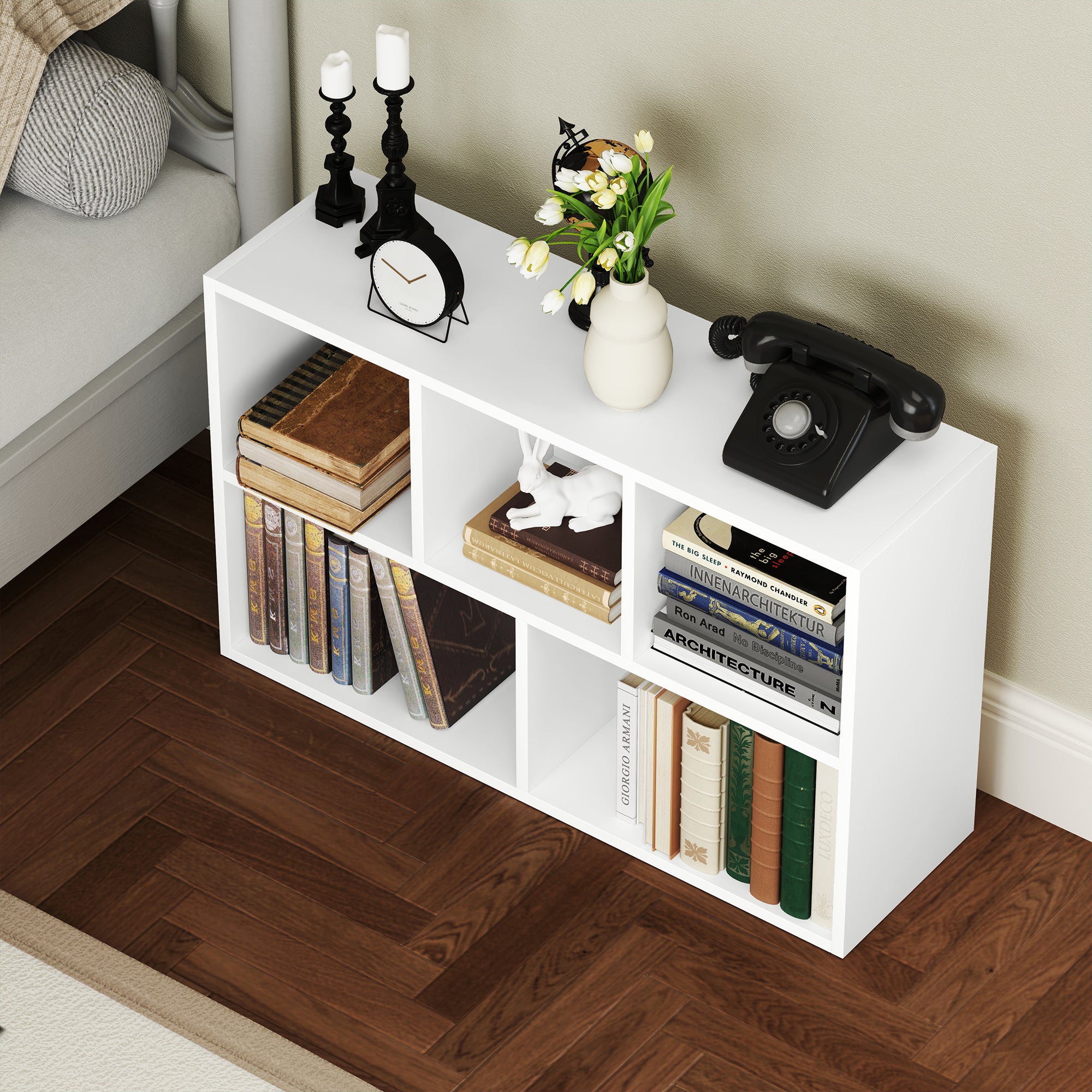 HOMCOM 2-Tier Bookshelf with 5 Compartments - White - North Peak Garden Furniture