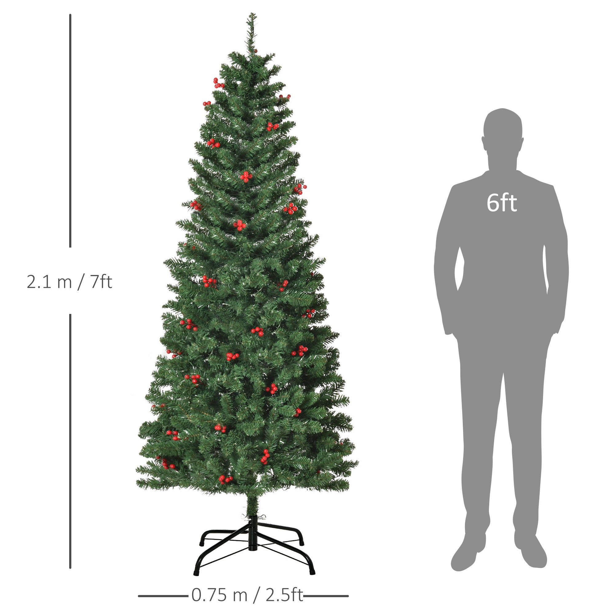 HOMCOM 7FT Prelit Artificial Pencil Christmas Tree with Warm White LED Light, Red Berry, Holiday Home Xmas Decoration, Green - North Peak Garden Furniture