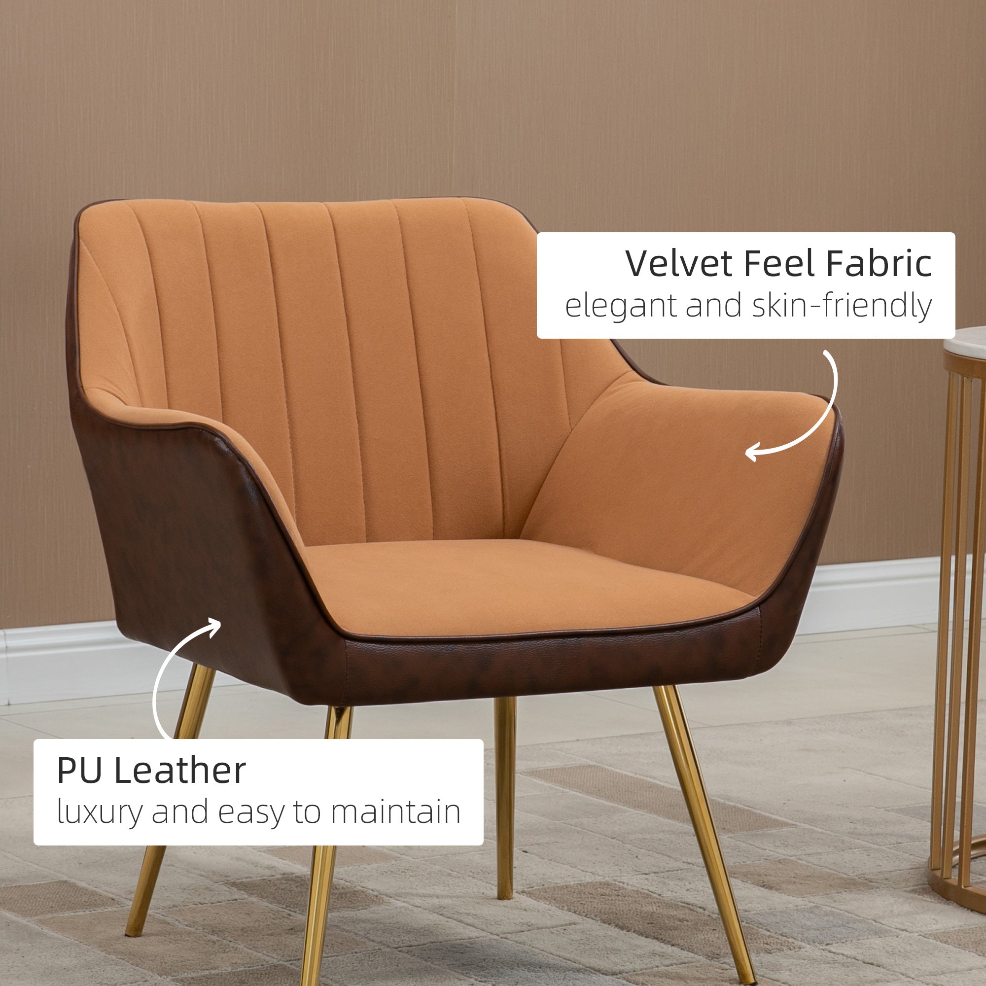HOMCOM Velvet Armchairs, Upholstered Accent Chairs with Golden Steel Legs, Modern Vanity Chairs for Living Room and Bedroom, Set of 2, Light Brown - North Peak Garden Furniture