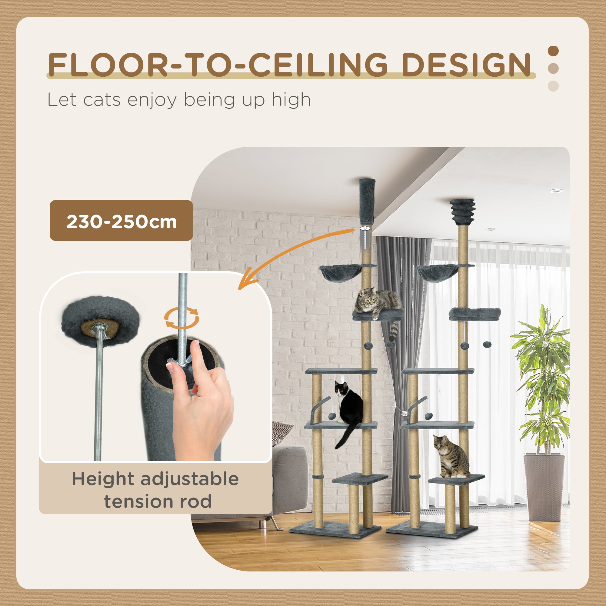 PawHut Floor to Ceiling Cat Tree for Indoor Cats, 6-Tier Play Tower Climbing Activity Center with Scratching Post, Platforms, Bed, Hammock, Adjustable Height 230-250cm, Grey - North Peak Garden Furniture