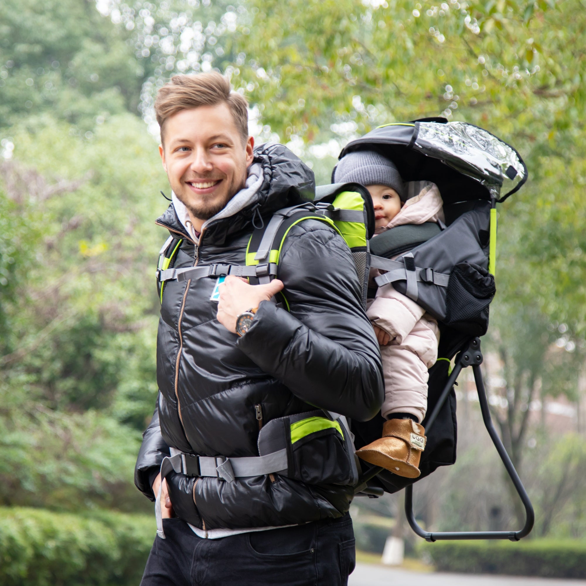 HOMCOM Baby Hiking Backpack Carrier Child Carrier with Ergonomic Hip Seat Detachable Rain Cover Adjustable Straps Stand for Toddler 6 - 36 Months Black - North Peak Garden Furniture