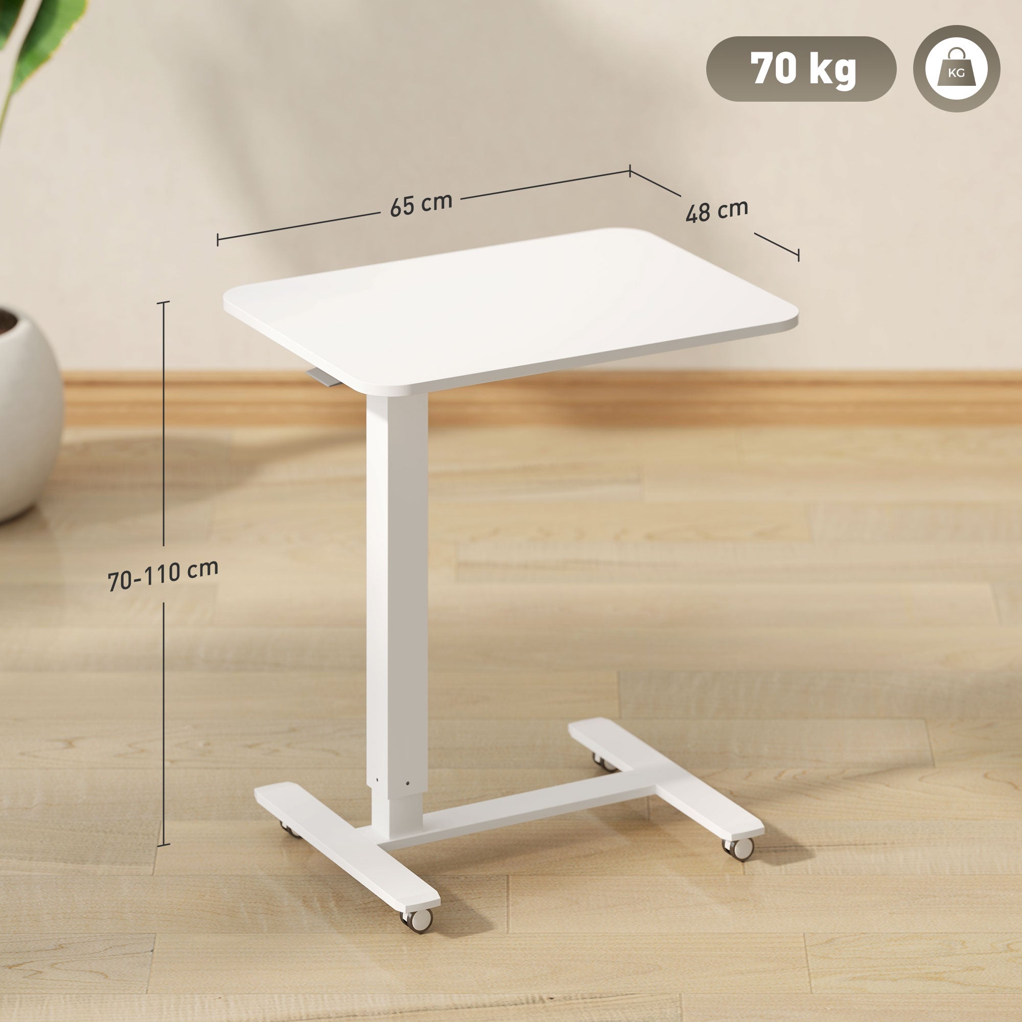 HOMCOM Height Adjustable Standing Desk, Pneumatic Sit Stand Desk for Laptop, Mobile Overbed Table with Wheels for Home Office, White
