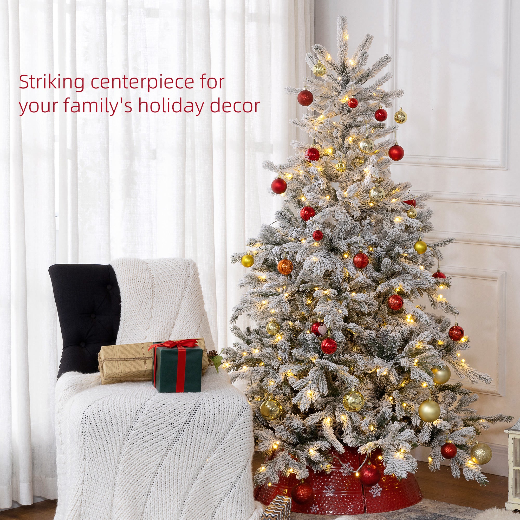 HOMCOM 6ft Bushy Snow-Flocked Artificial Christmas Tree, with LED Lights - North Peak Garden Furniture