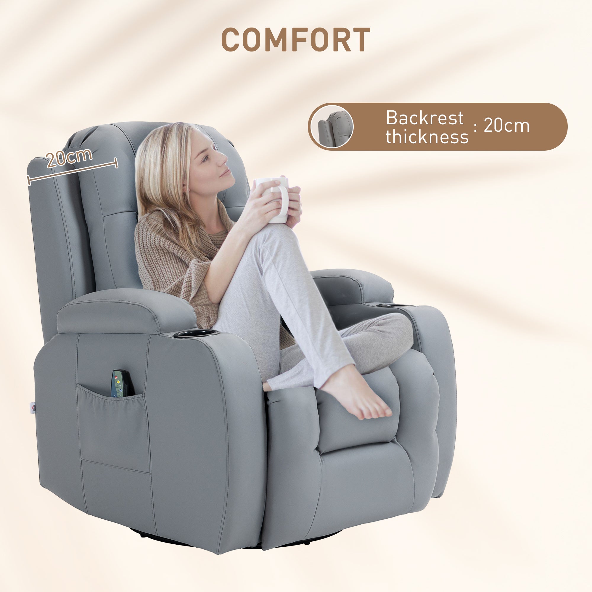 HOMCOM Massage Recliner Chair with 8 Vibration & Heat, PU Leather Recliner Armchair with Cup Holders and Side Pockets, Manual Reclining Chair with Remote, 360° Swivel, Rocking, Light Grey - North Peak Garden Furniture