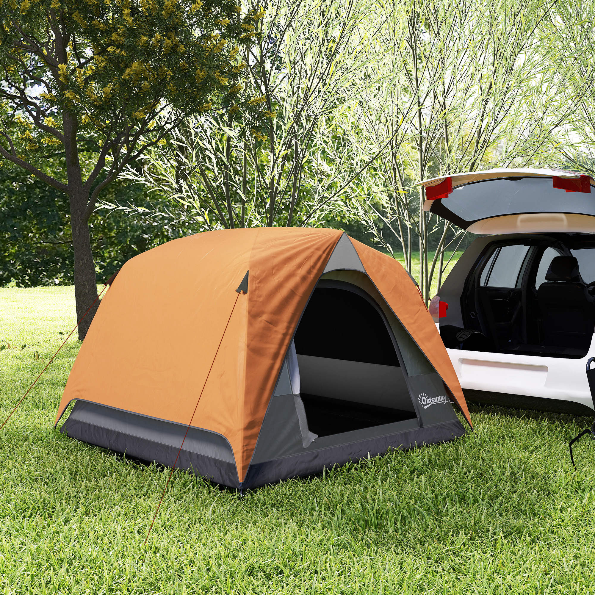 Outsunny 3-4 Person Camping Tent, Easy Set Up Waterproof Dome Tent with Sewn-in Groundsheet, Mesh Windows, Pocket and Hook for Camping, Hiking, Backpacking, Orange and Grey - North Peak Garden Furniture