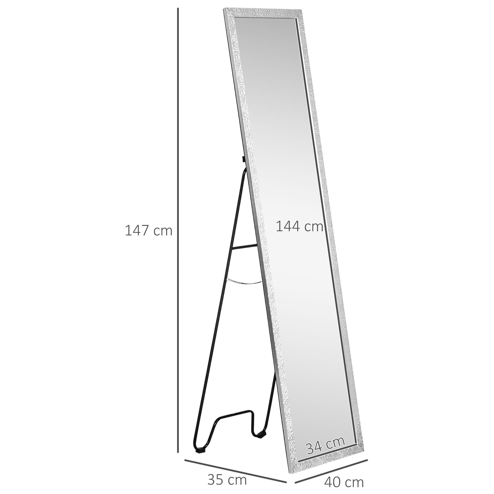 HOMCOM Full Length Mirror Free Standing Mirror Dressing Mirror with PS Frame Modern Wall Mirror for Living Room and Bedroom 34 x 144cm, Silver - North Peak Garden Furniture