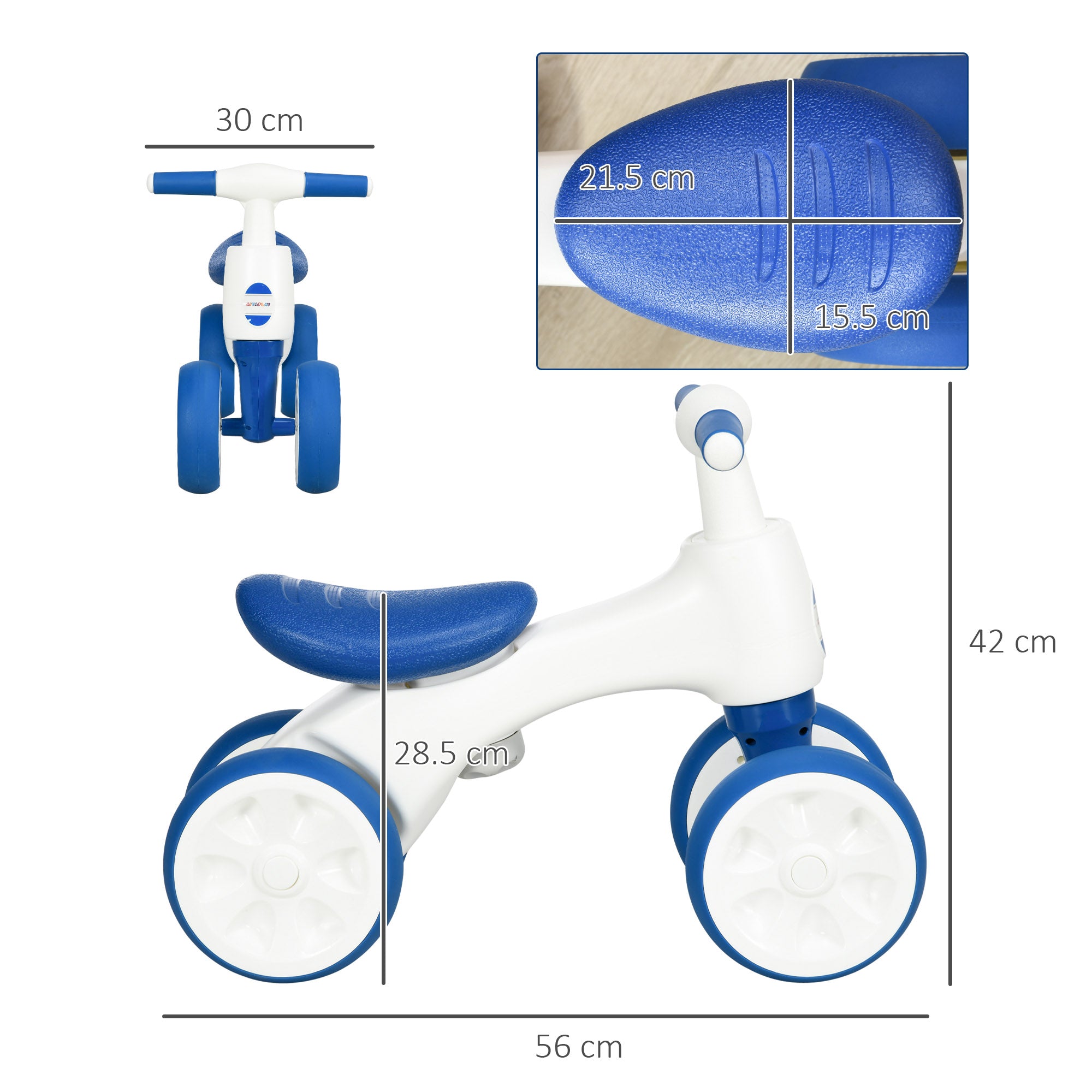 AIYAPLAY Balance Bike for Ages 18-36 Months, with Anti-Slip Handlebars, Four Wheels, No Pedal - Blue - North Peak Garden Furniture
