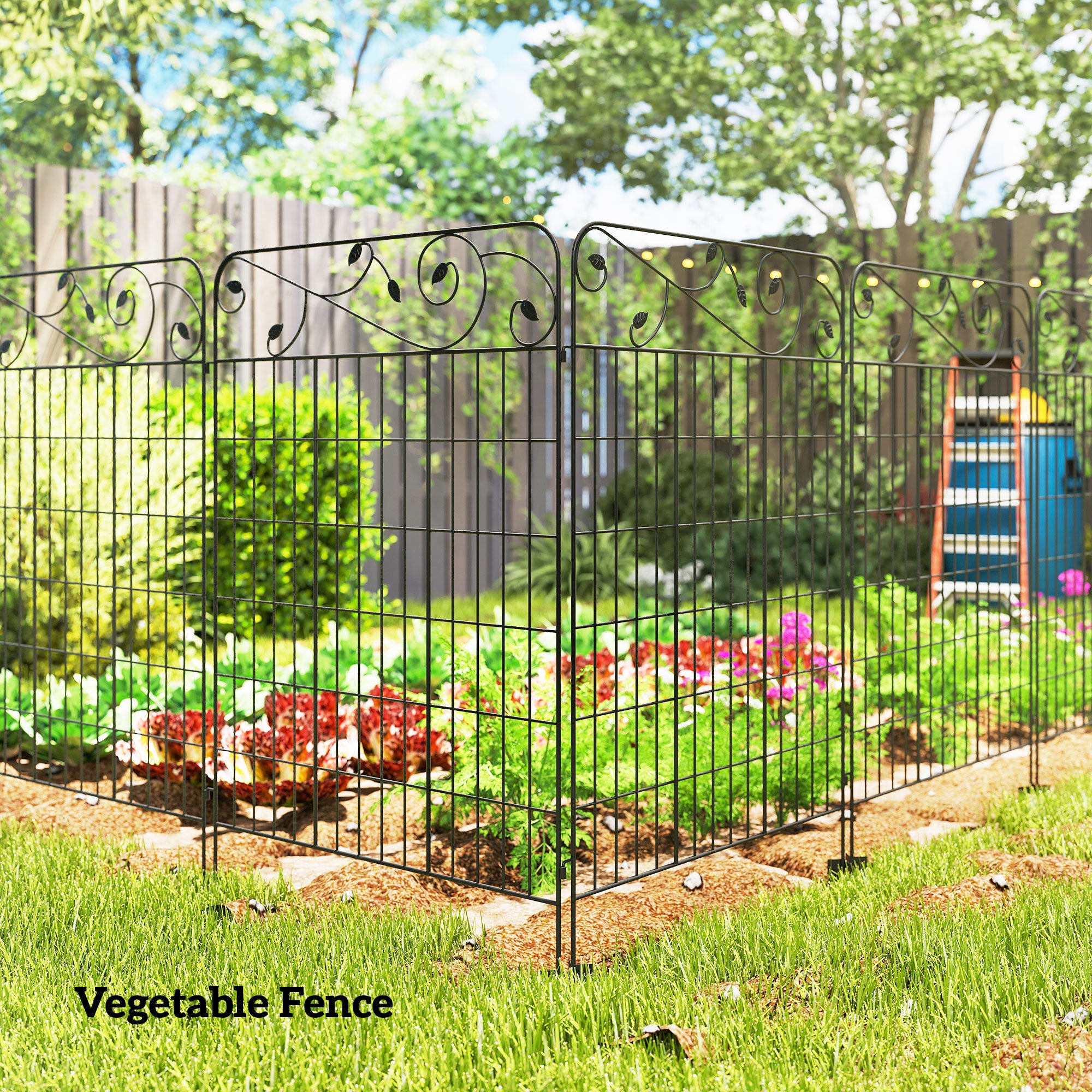 Outsunny Decorative Garden Fencing, 4PCs 43in x 11.5ft Outdoor Picket Fence Panels, Rustproof Metal Wire Landscape Flower Bed Border Edging Animal Barrier, Black