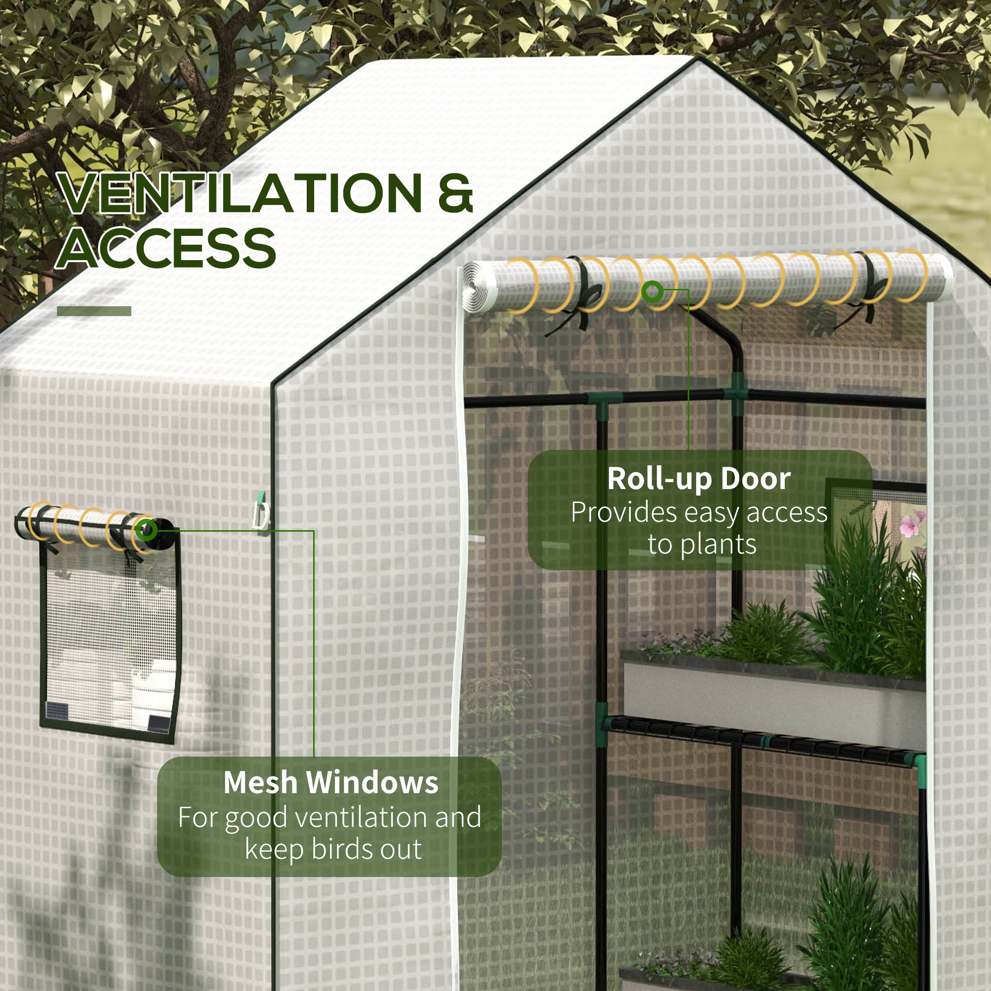 Outsunny Greenhouse Cover Replacement Walk-in PE Hot House Cover with Roll-up Door and Windows, 140 x 73 x 190cm, White - North Peak Garden Furniture