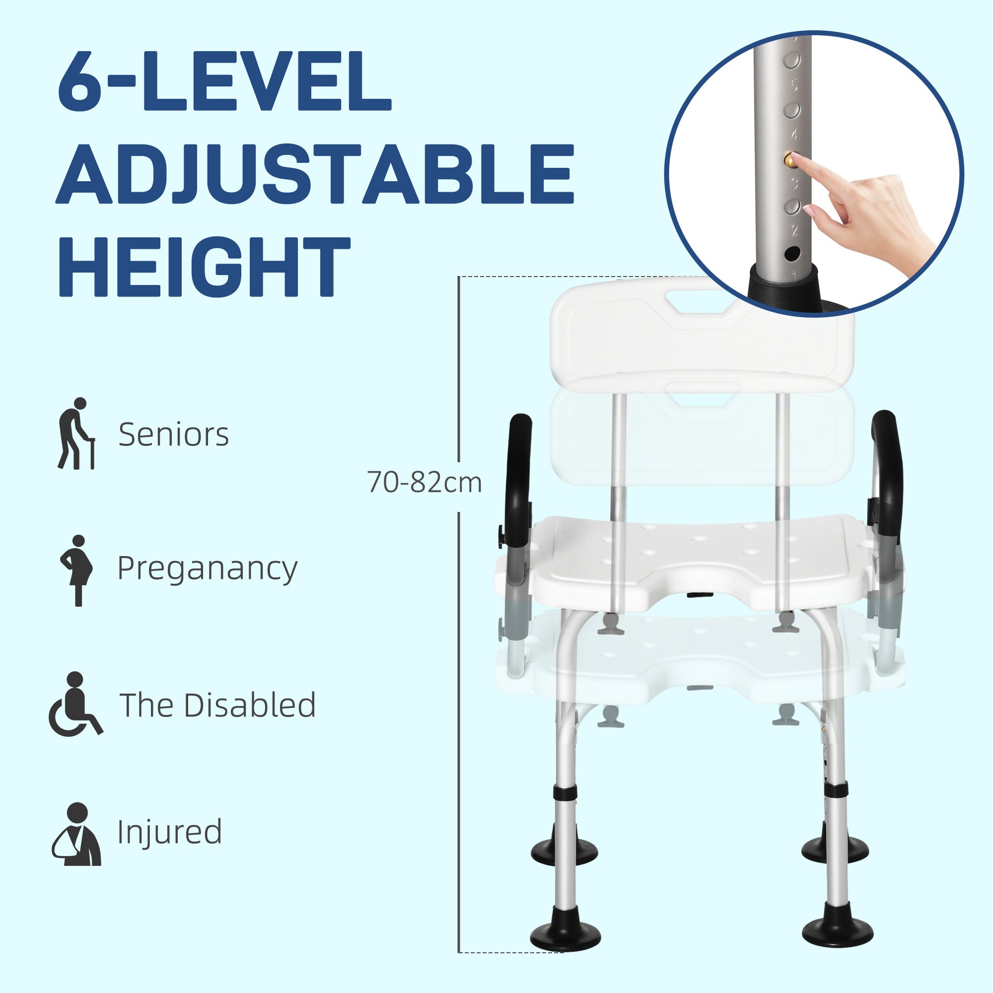 HOMCOM Shower Chair for the Elderly and Disabled, Height Adjustable Shower Stool with Back and Flipped Padded Arms, Suction Foot Pads, White - North Peak Garden Furniture