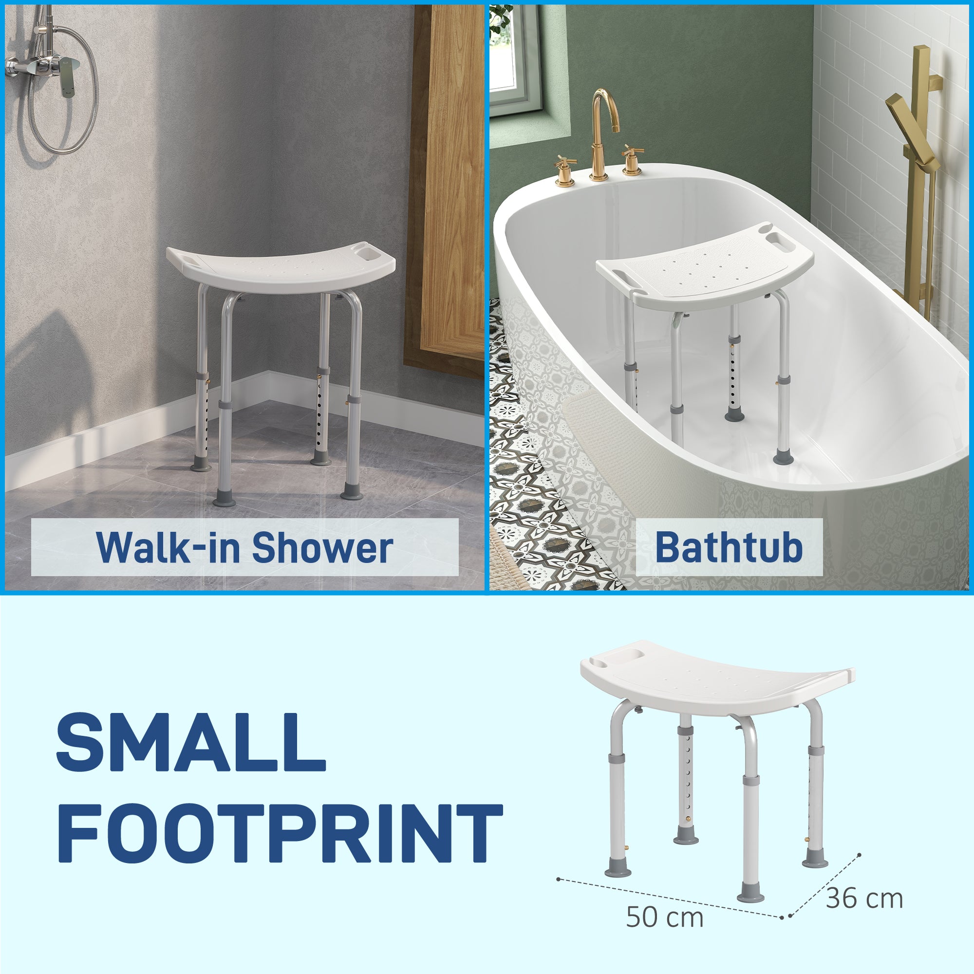 HOMCOM Height Adjustable Bath Stool, Aluminium Shower Stool with Non-Slip Pads for Elderly, Disabled, Seniors, Pregnant, White - North Peak Garden Furniture