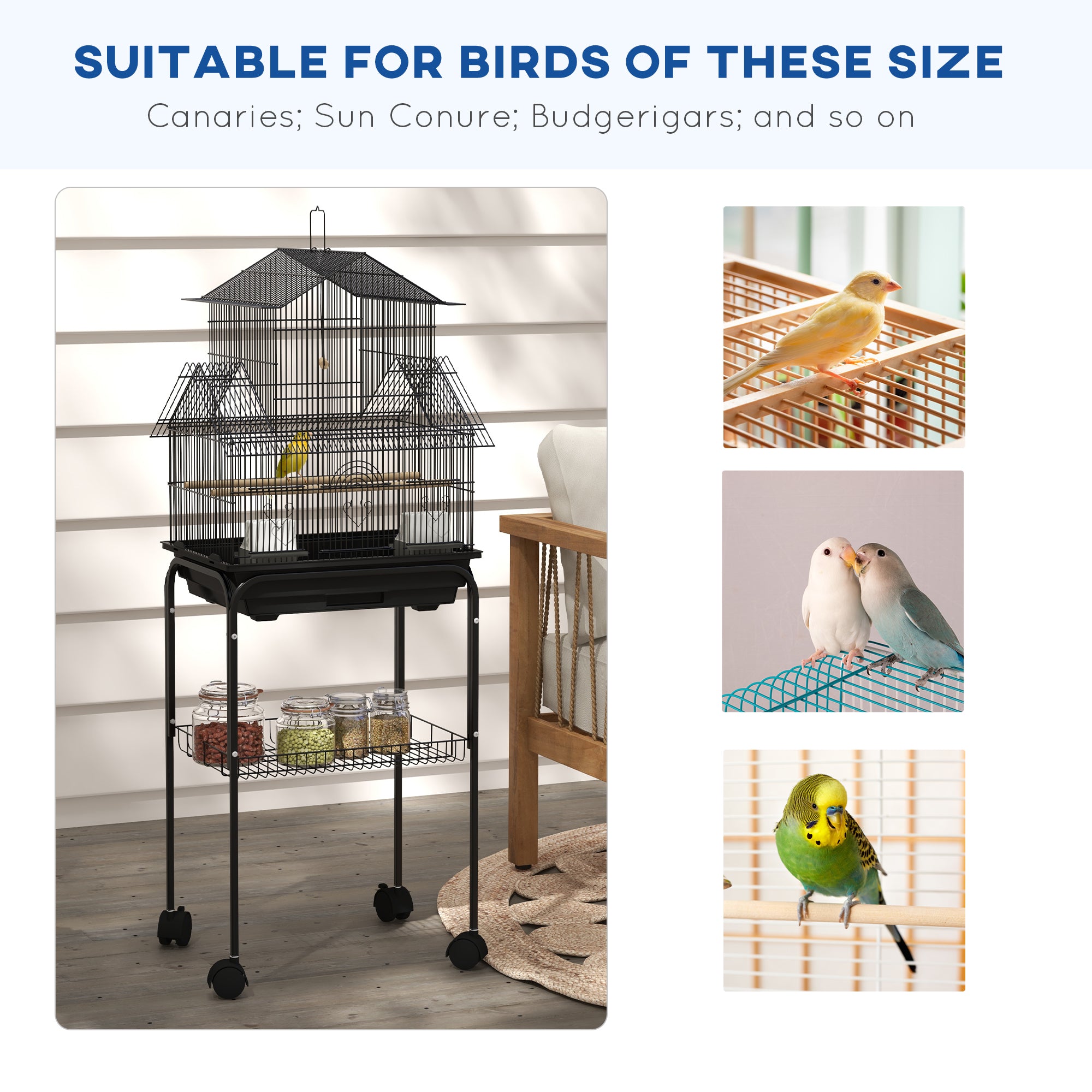 PawHut Metal Bird Cage with Plastic Swing, Perch, Food Container, Tray, Handle, for Finches, Canaries, Budgies, 50.5 x 40 x 63cm - North Peak Garden Furniture