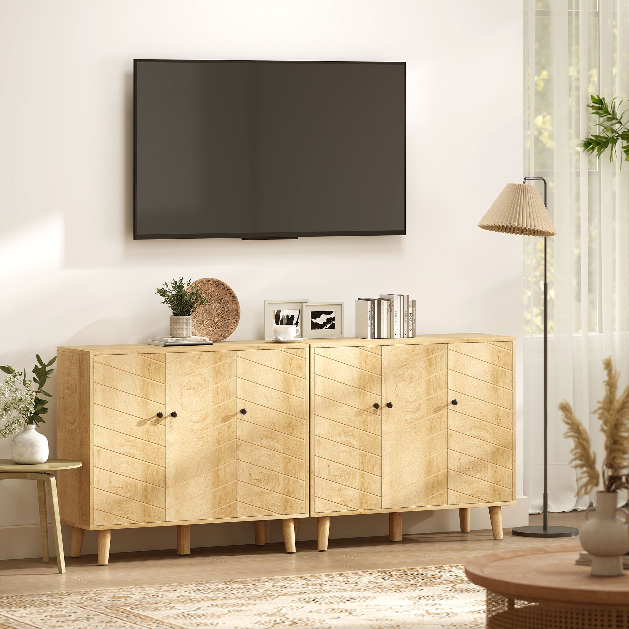 HOMCOM Vintage Sideboard with Chevron Doors and Pine Wood Legs for Living Room, Kitchen