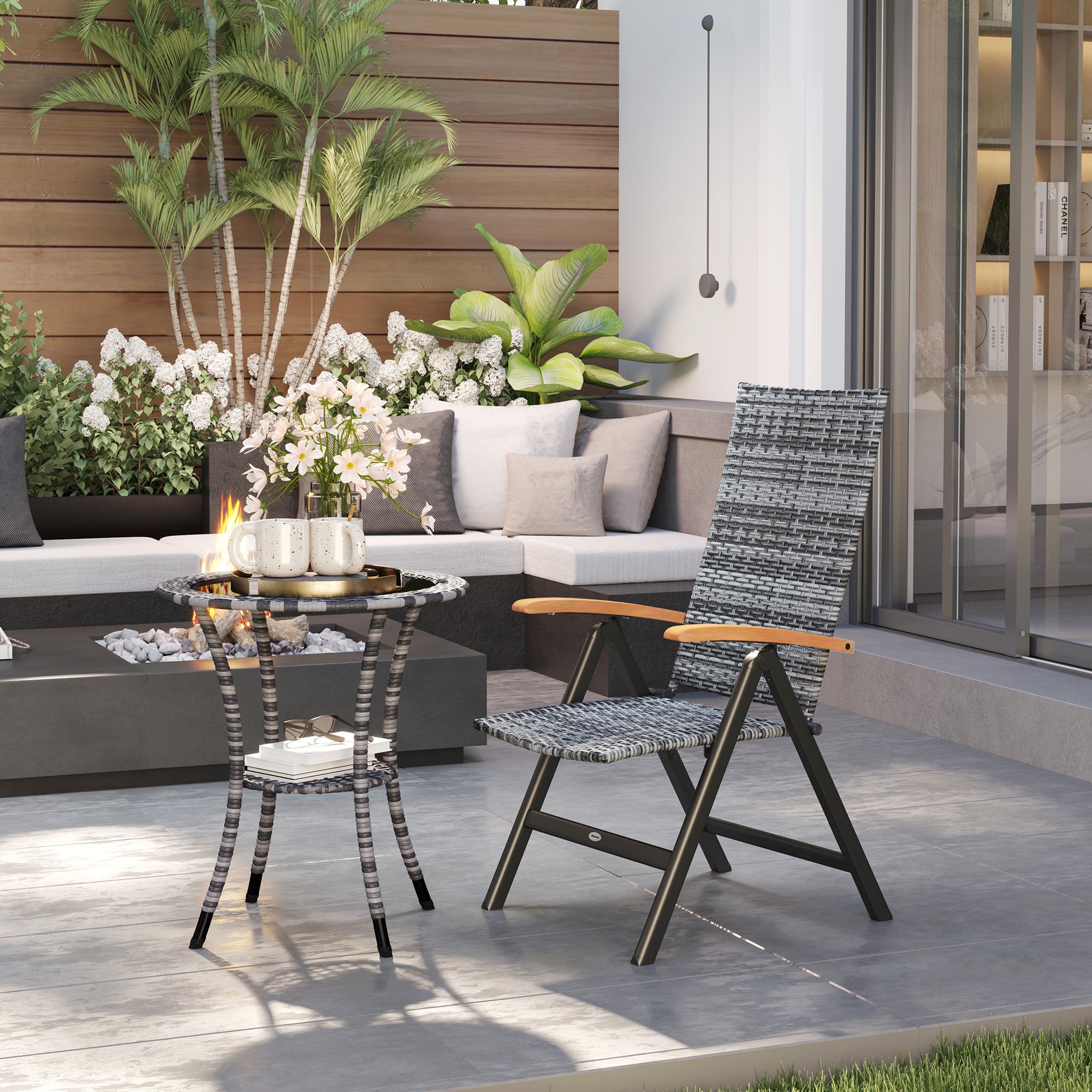 Outsunny Outdoor Folding Rattan Chair with Armrests, High Backrest, for Garden, Camping, Balcony, Porch - Light Grey - North Peak Garden Furniture