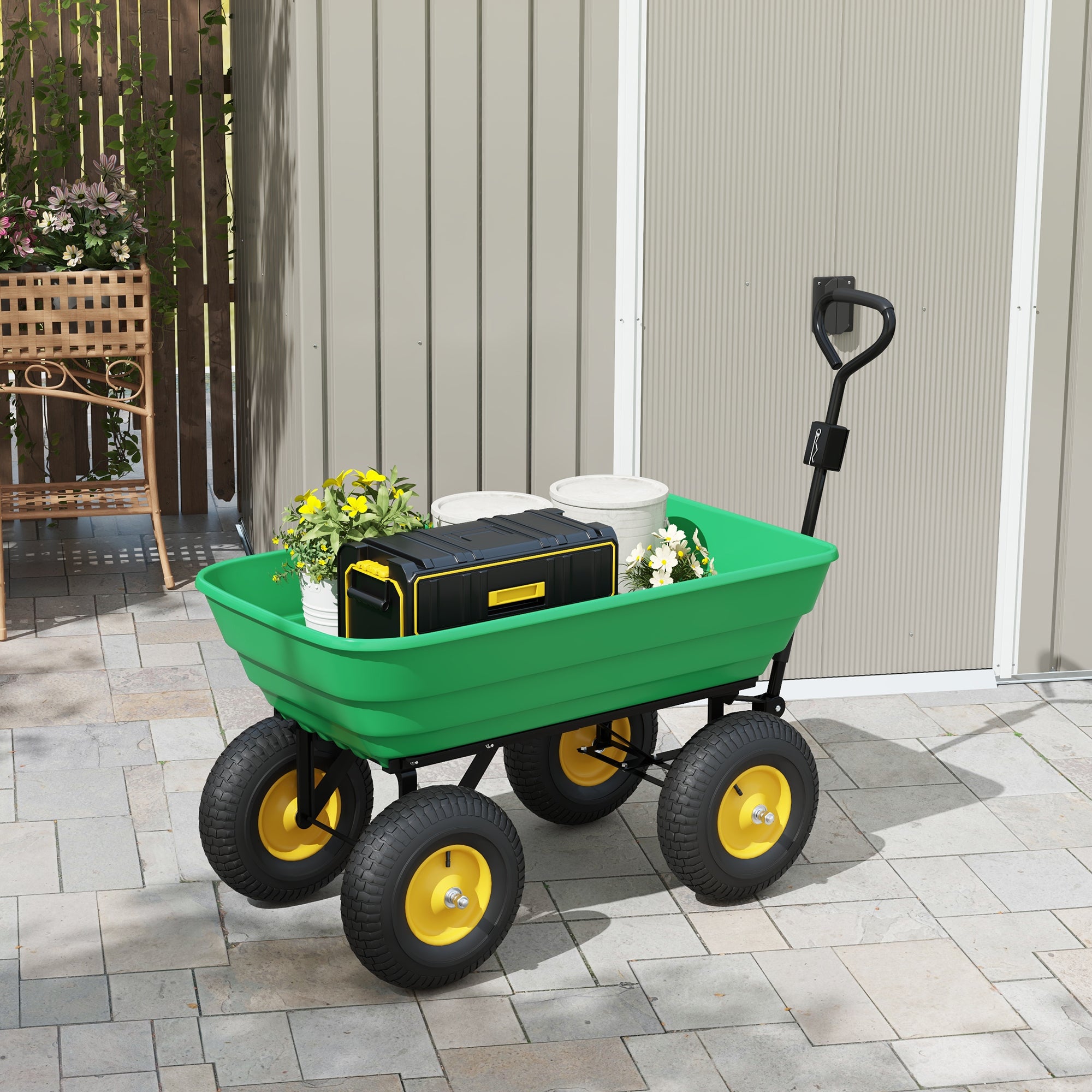 Outsunny 125 Litre Large Garden Cart Heavy Duty 4 Wheel Trolley Dump Wheelbarrow Tipping Truck Trailer - Green - North Peak Garden Furniture
