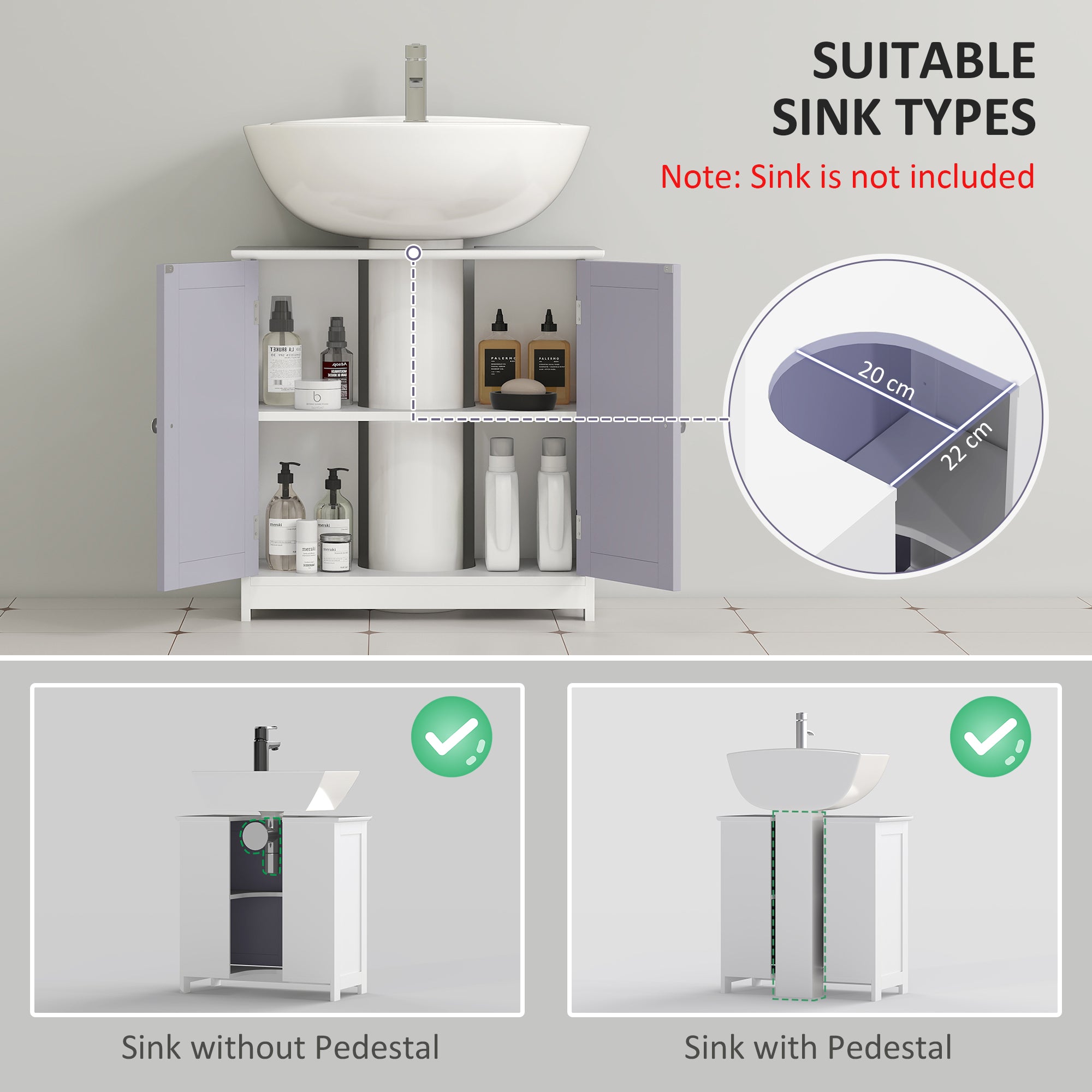 kleankin 60x60cm Under-Sink Storage Cabinet w/ Adjustable Shelf Handles Drain Hole Bathroom Cabinet Space Saver Organizer White and Grey - North Peak Garden Furniture