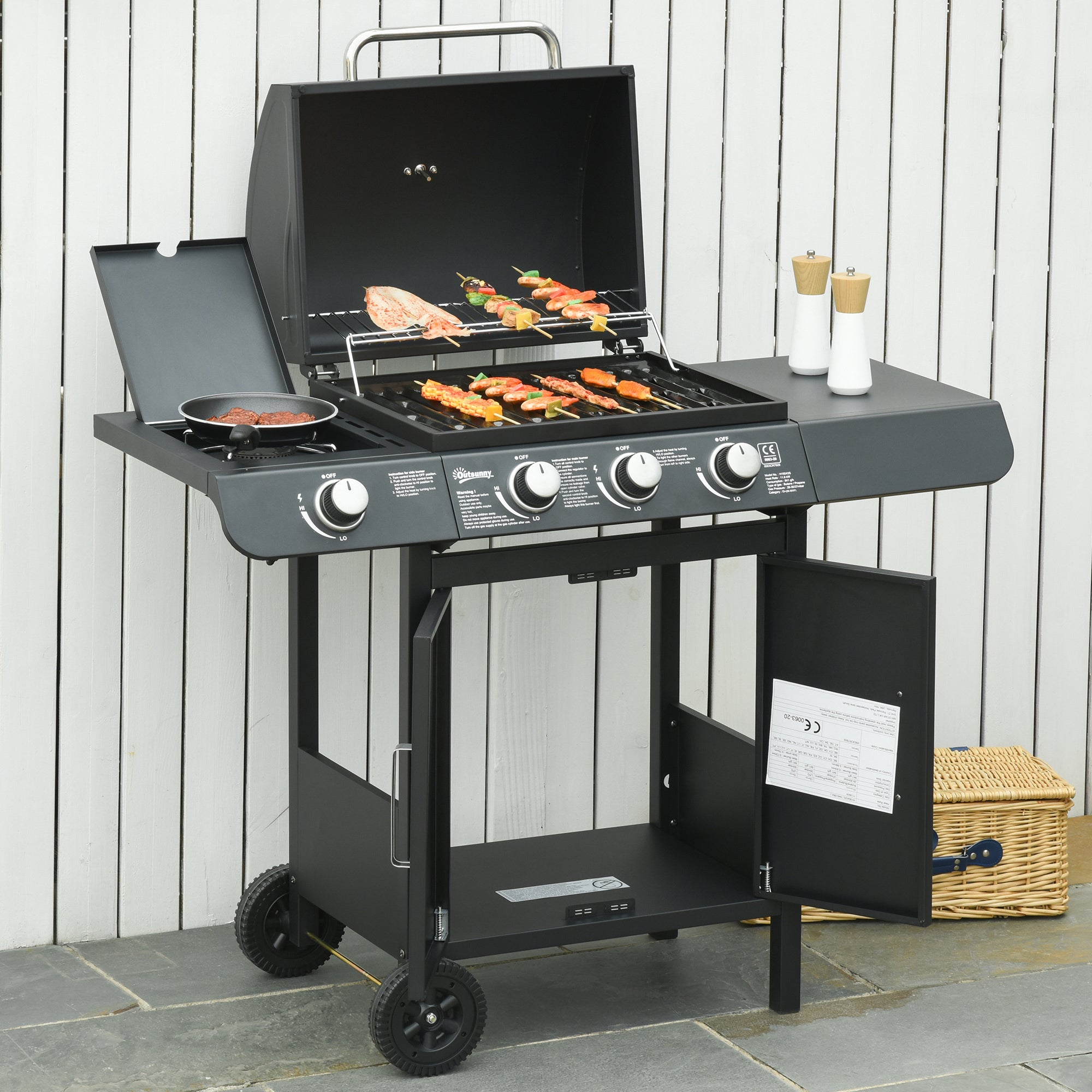 Outsunny Gas Burner Barbecue Grill 3+1 Burner Garden BBQ Trolley w/ Side Burner Warming Rack Side Shelves Storage Cabinet Piezo Ignition Thermometer 110x50x100cm - North Peak Garden Furniture