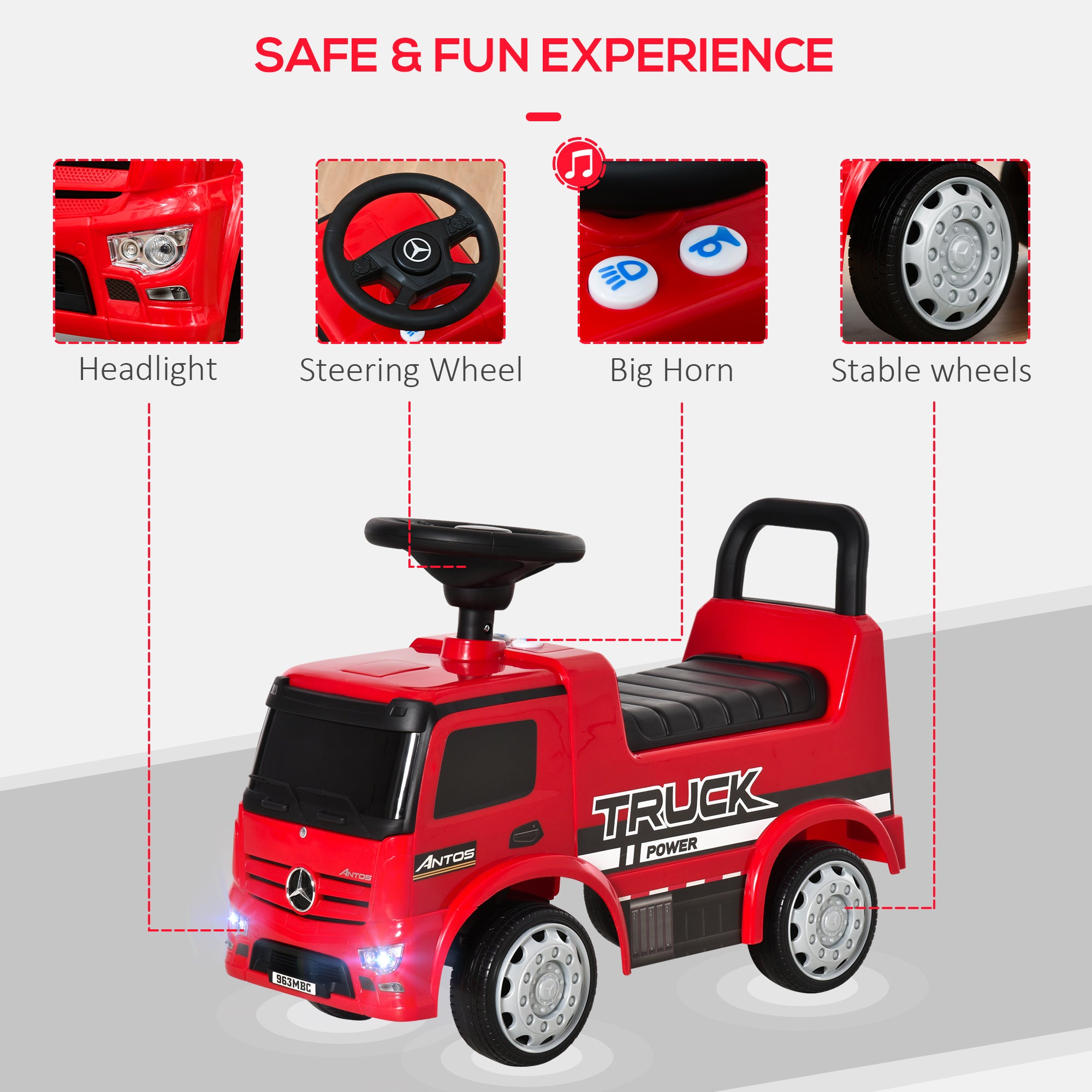 HOMCOM Compatible Kids Ride On Car Truck Mercedes Benz Licensed Toddler Foot To Floor Slider w/Under Seat Storage for 12 - 36 Months Red - North Peak Garden Furniture