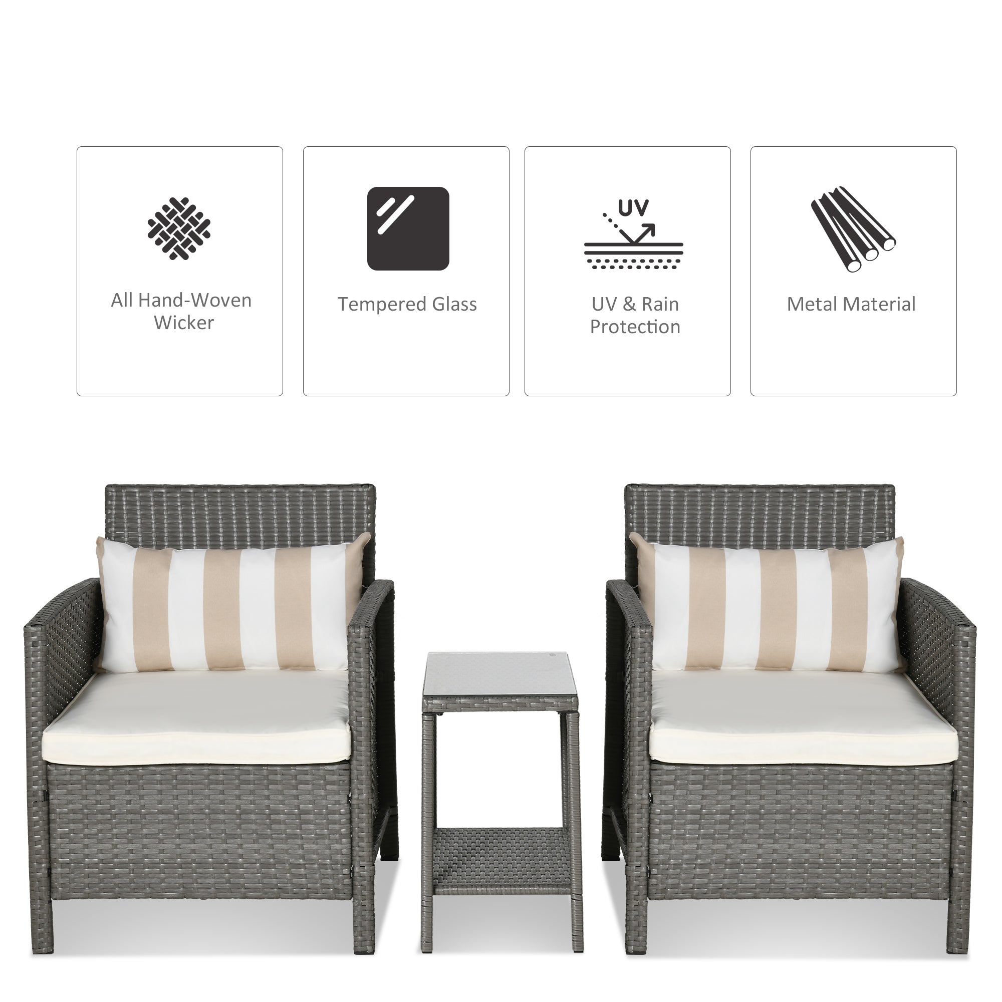 Outsunny 3 Pieces Rattan Bistro Set, Wicker Garden Furniture Set, Glass Top 2-tier Coffee Table and Chairs Set with Pillows and Washable Cushions for Outdoor, Patio, Balcony, Light Grey - North Peak Garden Furniture