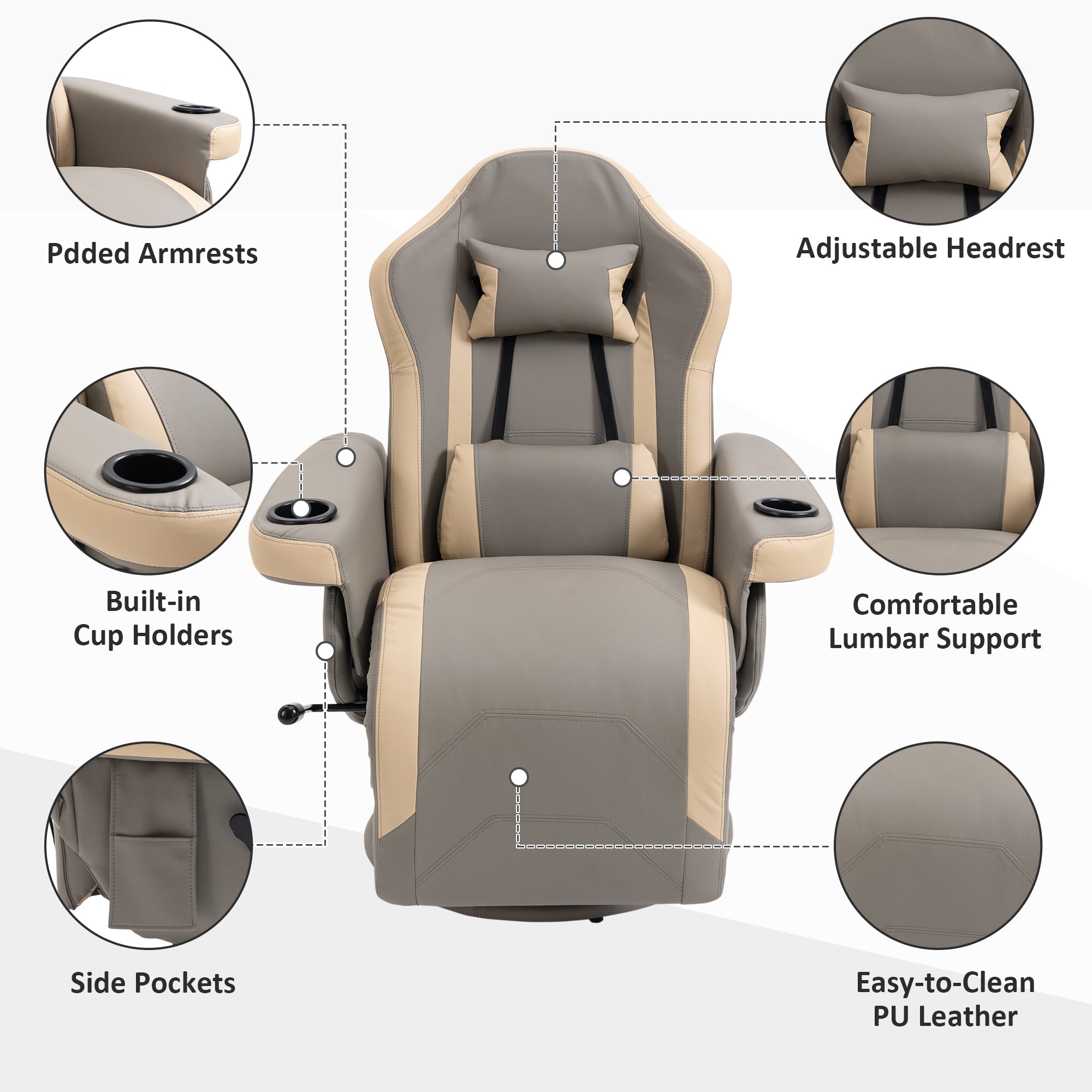 HOMCOM Manual Recliner Armchair PU Leather Lounge Chair w/ Adjustable Leg Rest, 135° Reclining Function, 360° Swivel, Grey