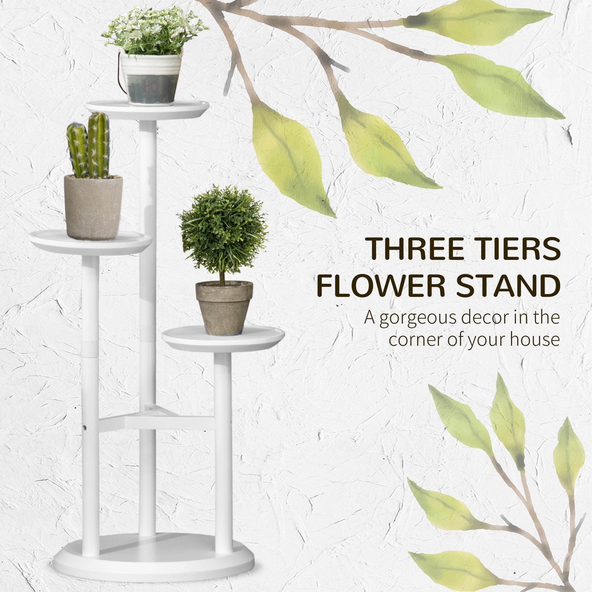 Outsunny 3-Tier Plant Stand, Plant Shelf Rack,  Bamboo Display Stand, 46x46x86cm, White