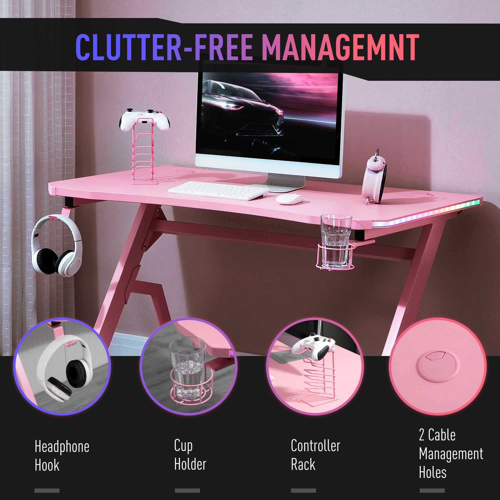 HOMCOM RGB 120 x 66cm Gaming Desk, Computer Table with Carbon Fibre Surface, Headphone Hook, Cup Holder, Controller Rack, Home Office Desk, Pink