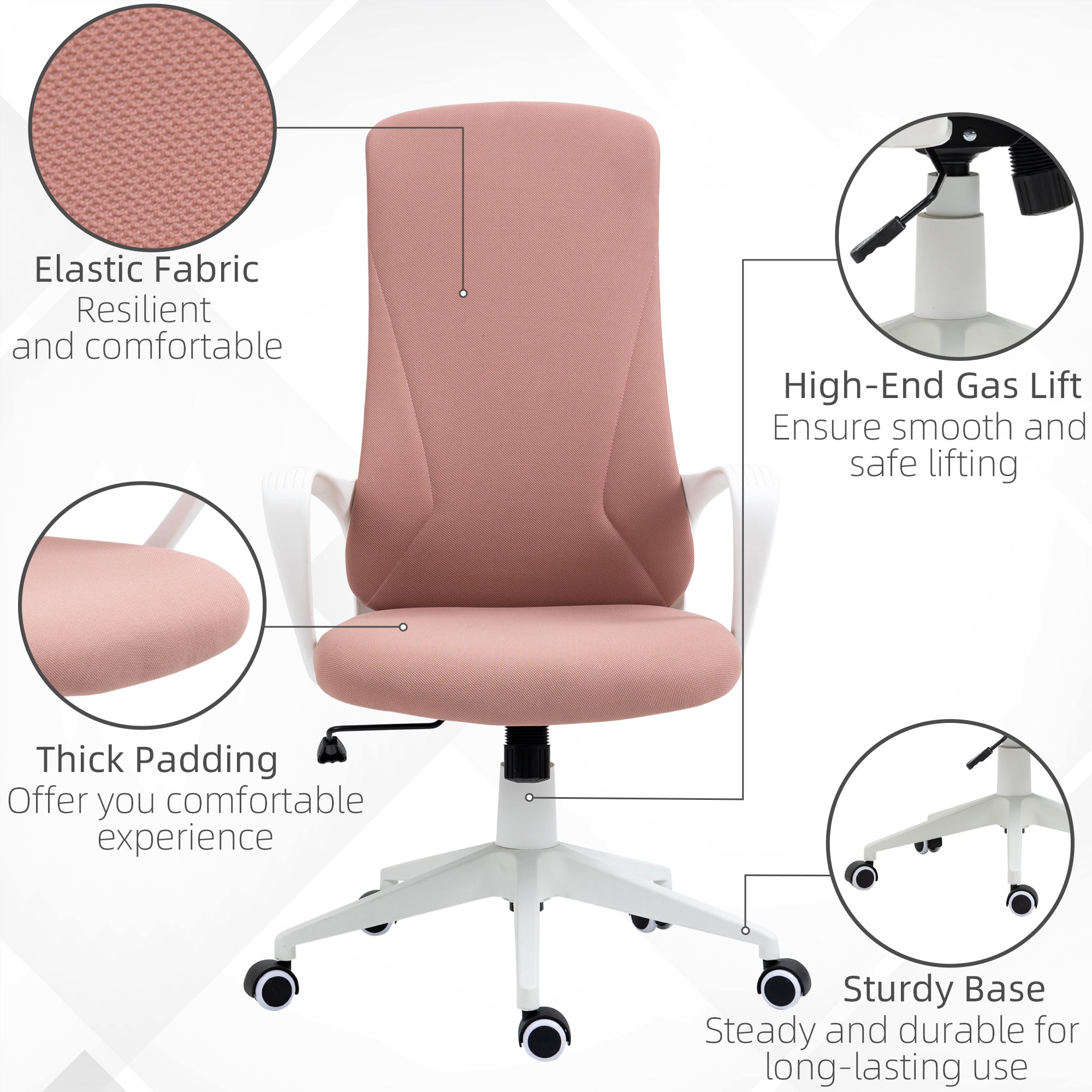 Vinsetto High Back Office Chair, Fabric Desk Chair with Armrests, Adjustable Height, Swivel Wheels, Pink - North Peak Garden Furniture