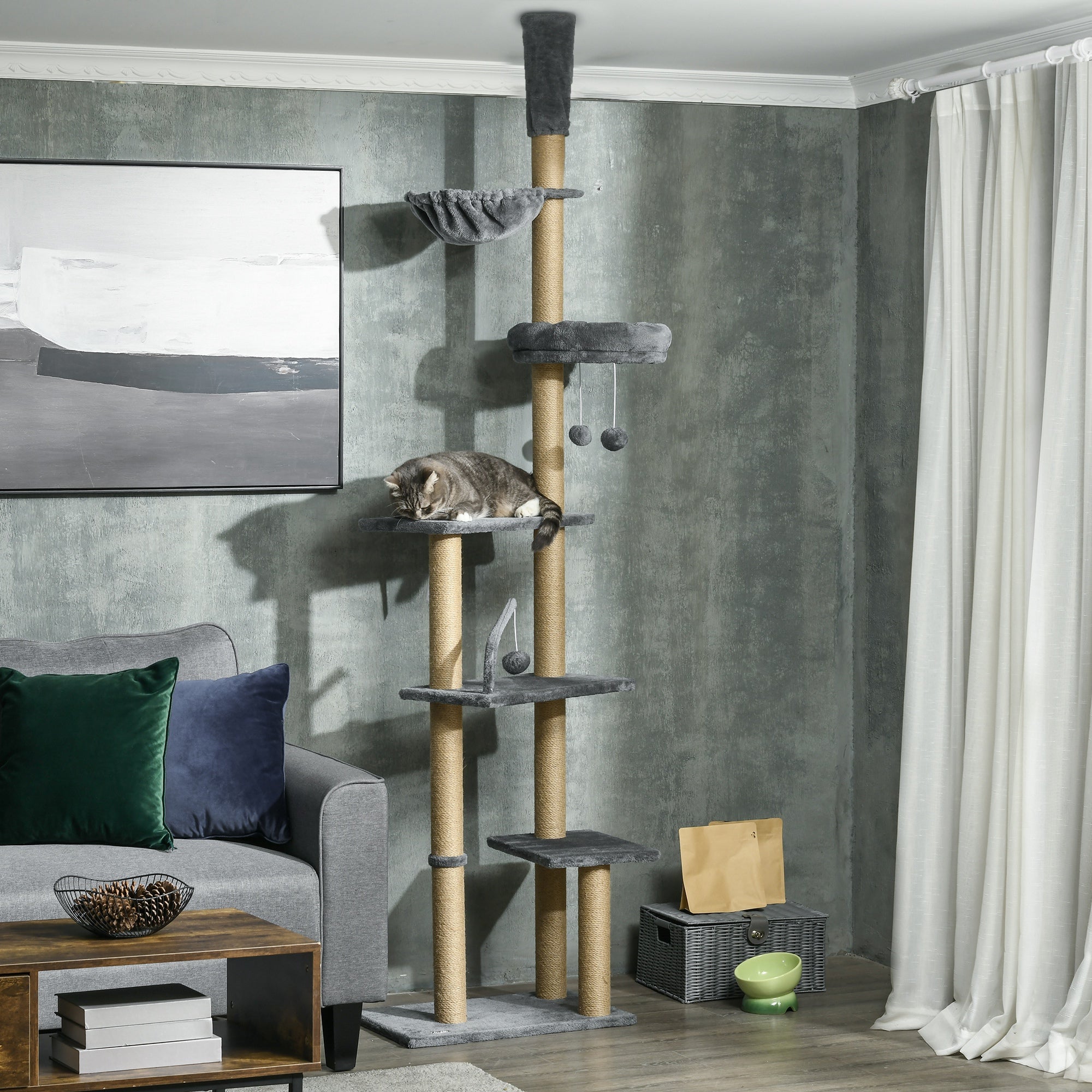 PawHut Floor to Ceiling Cat Tree for Indoor Cats, 6-Tier Play Tower Climbing Activity Center with Scratching Post, Platforms, Bed, Hammock, Adjustable Height 230-250cm, Grey - North Peak Garden Furniture