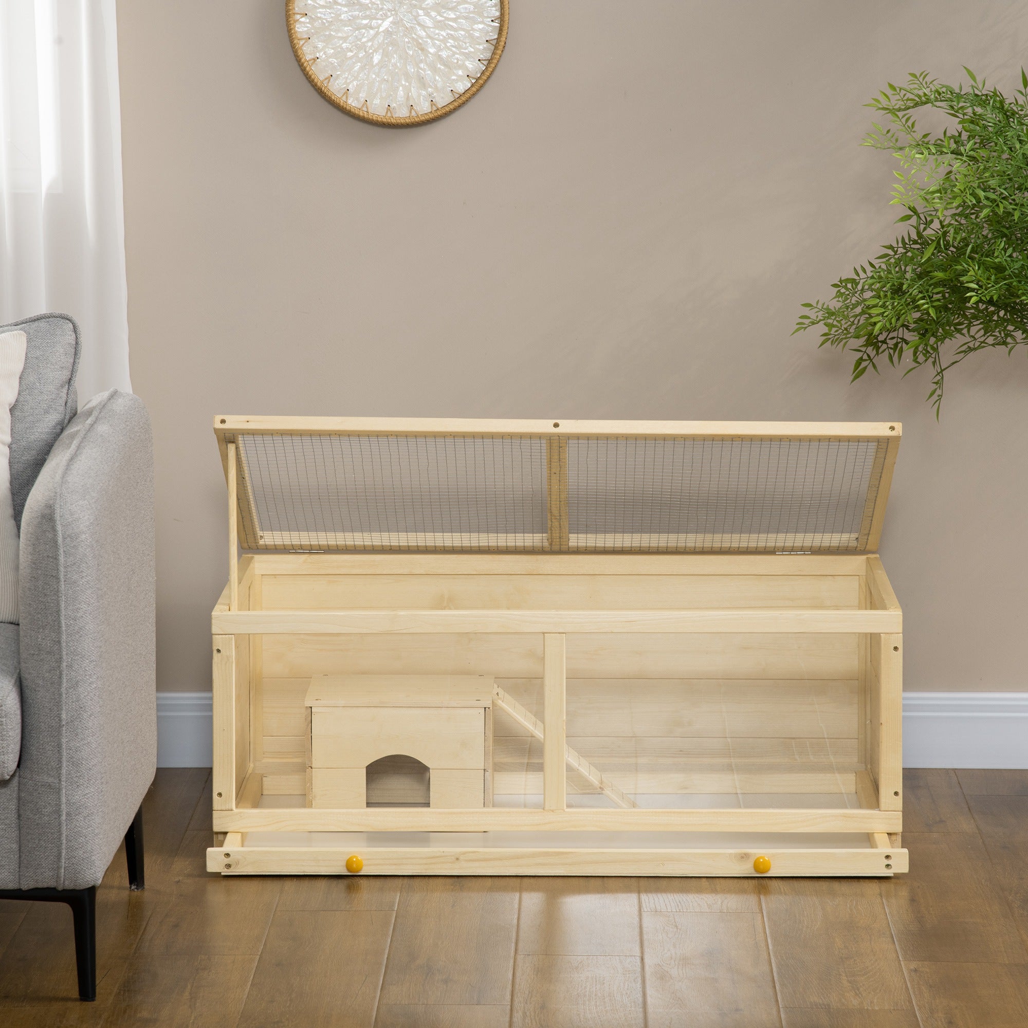 PawHut Wooden Hamster Cage with Sliding Tray, Openable Top, Hut for Syrian Hamsters, Natural Wood - North Peak Garden Furniture